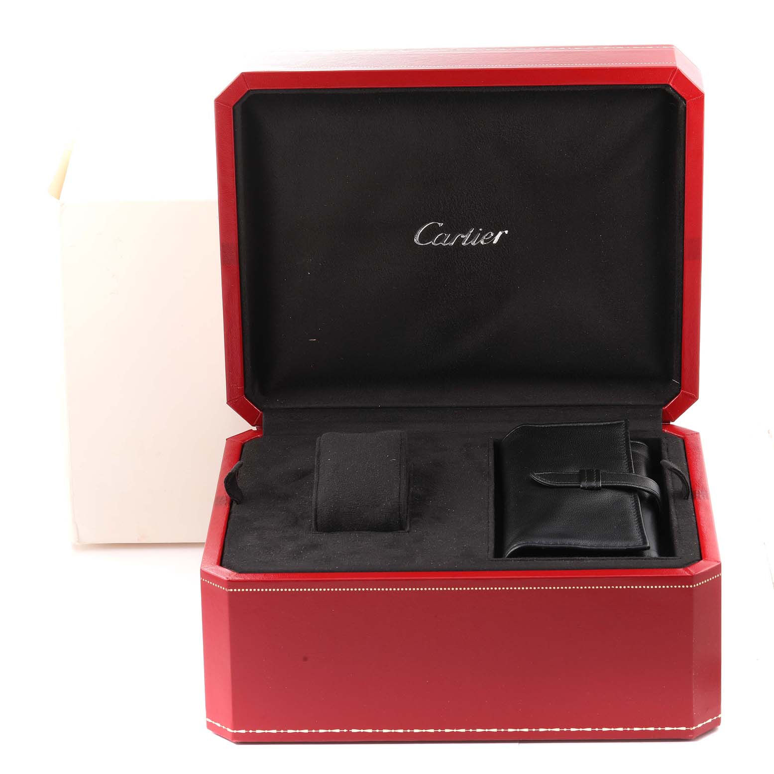 The image shows the open box of a Cartier Roadster W62019X6 Men's Stainless Steel Silver Dial W62019X6 Men's Stainless Steel Silver Dial watch, displaying its interior compartments and accessories.