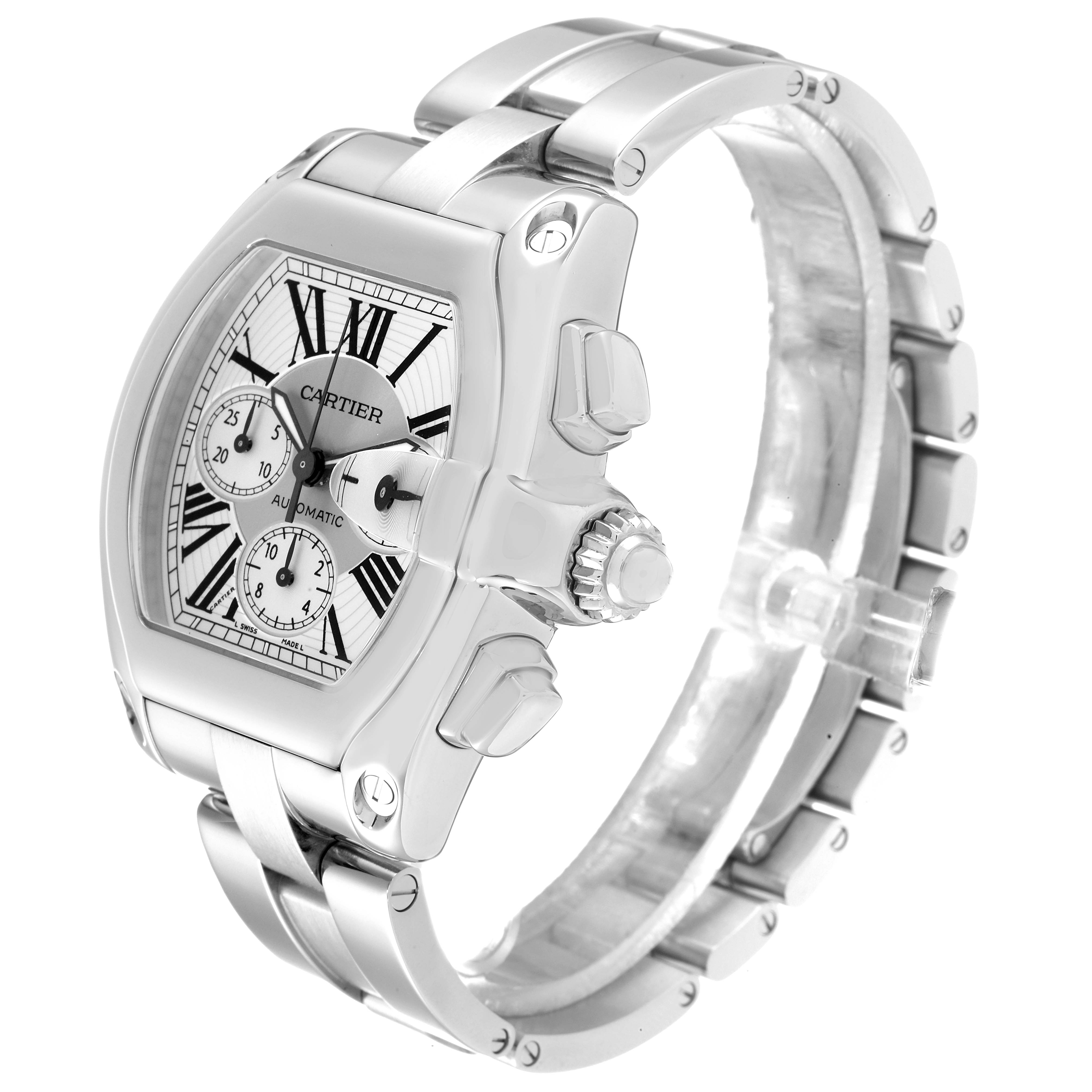 This image shows a Cartier Roadster W62019X6 Men's Stainless Steel Silver Dial W62019X6 Men's Stainless Steel Silver Dial watch at a three-quarter angle, highlighting its face, crown, pushers, and metal bracelet.