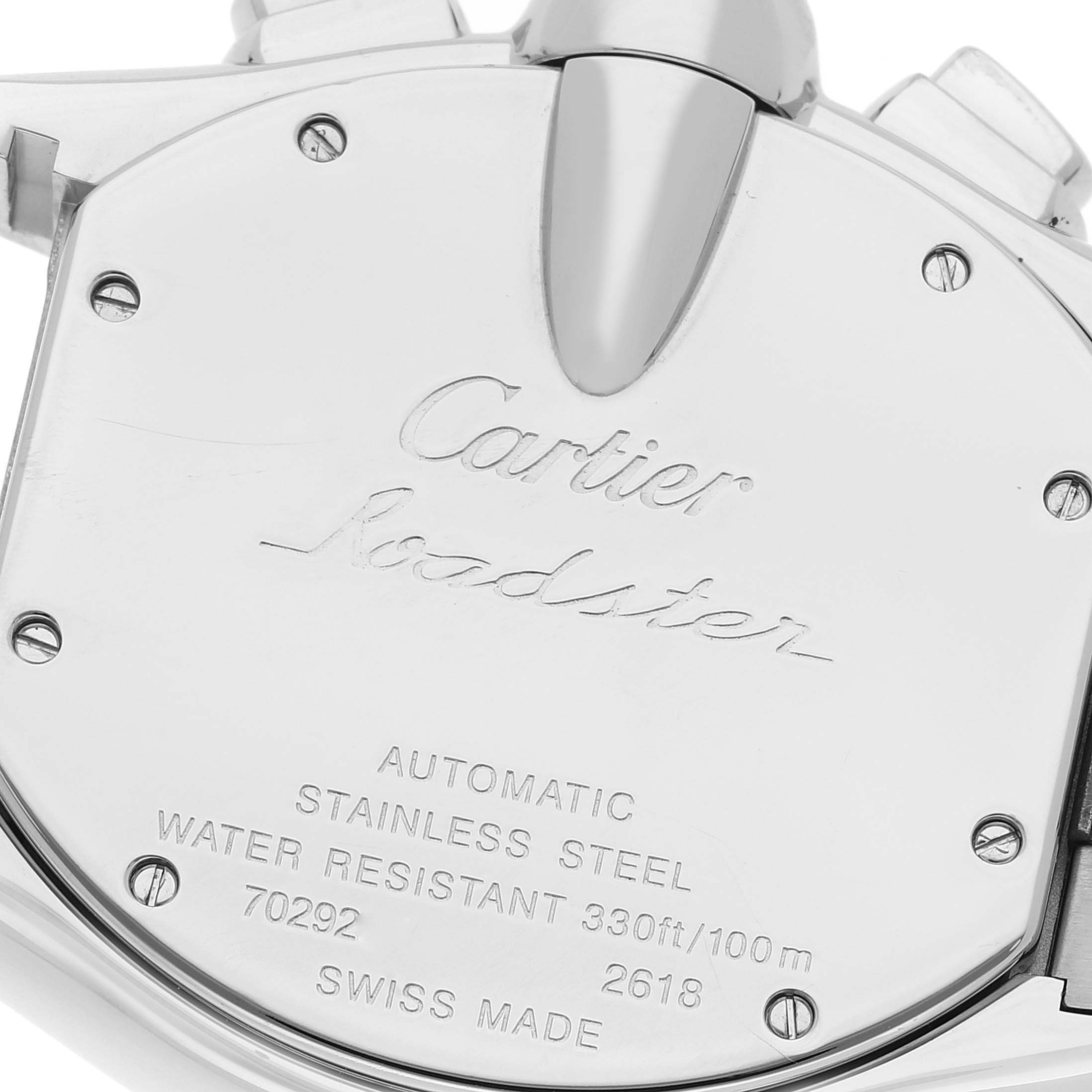 The image shows the back case of the Cartier Roadster W62019X6 Men's Stainless Steel Silver Dial W62019X6 Men's Stainless Steel Silver Dial watch, highlighting its specifications.
