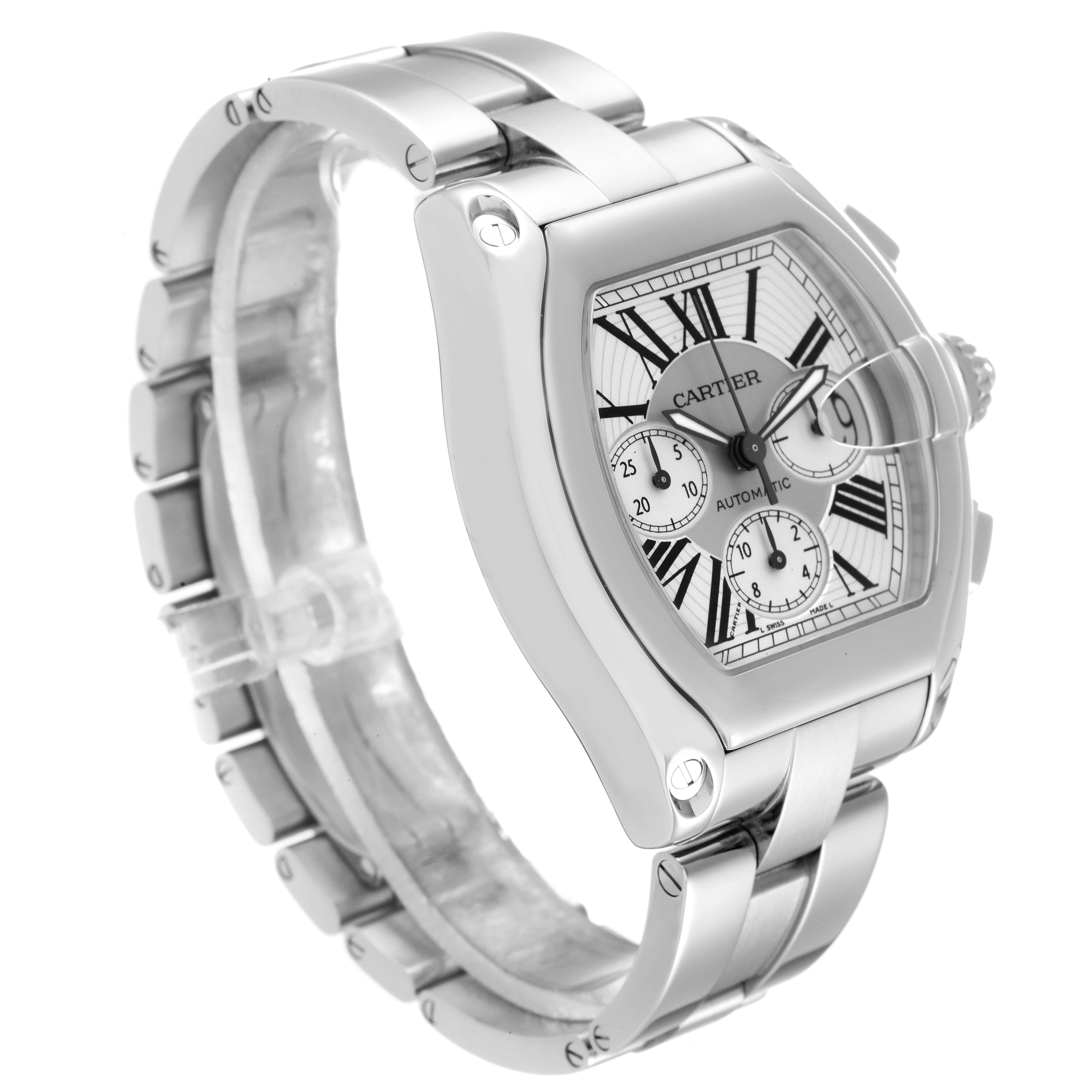 The image shows a Cartier Roadster W62019X6 Men's Stainless Steel Silver Dial W62019X6 Men's Stainless Steel Silver Dial watch shot at an angle, highlighting its face, bezel, and stainless steel bracelet.