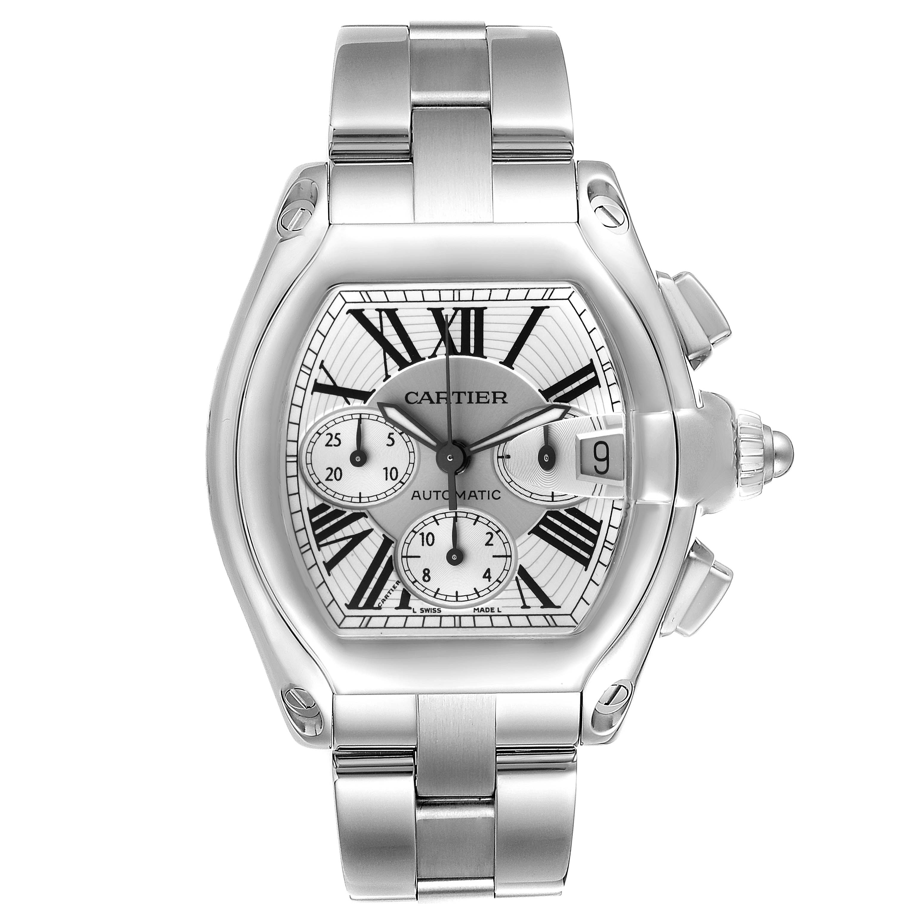 The image displays a Cartier Roadster W62019X6 Men's Stainless Steel Silver Dial W62019X6 Men's Stainless Steel Silver Dial watch viewed from the front, showcasing its face, crown, and stainless steel bracelet.