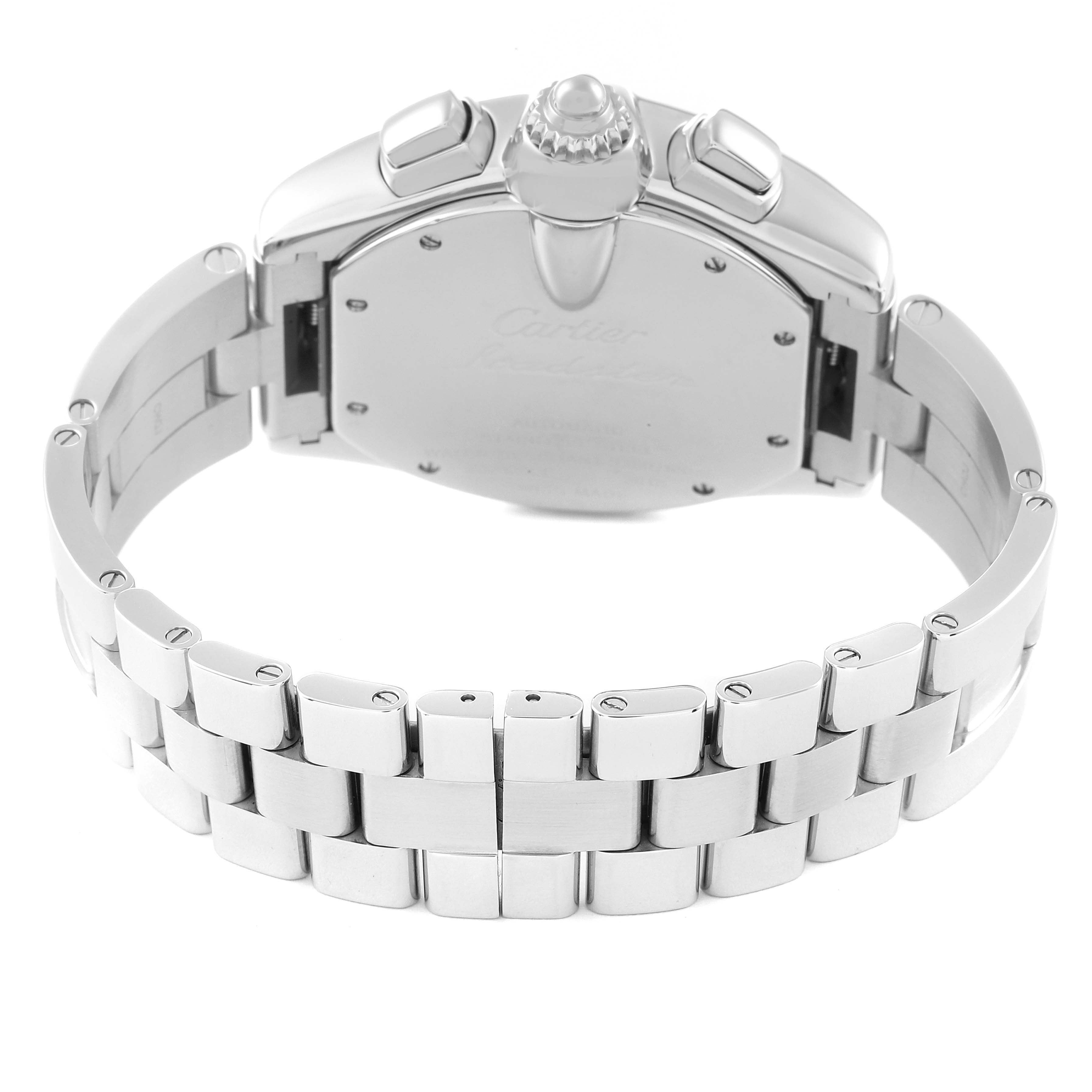 The image shows the back and bracelet of the Cartier Roadster W62019X6 Men's Stainless Steel Silver Dial W62019X6 Men's Stainless Steel Silver Dial watch, highlighting the clasp and links from a rear angle.