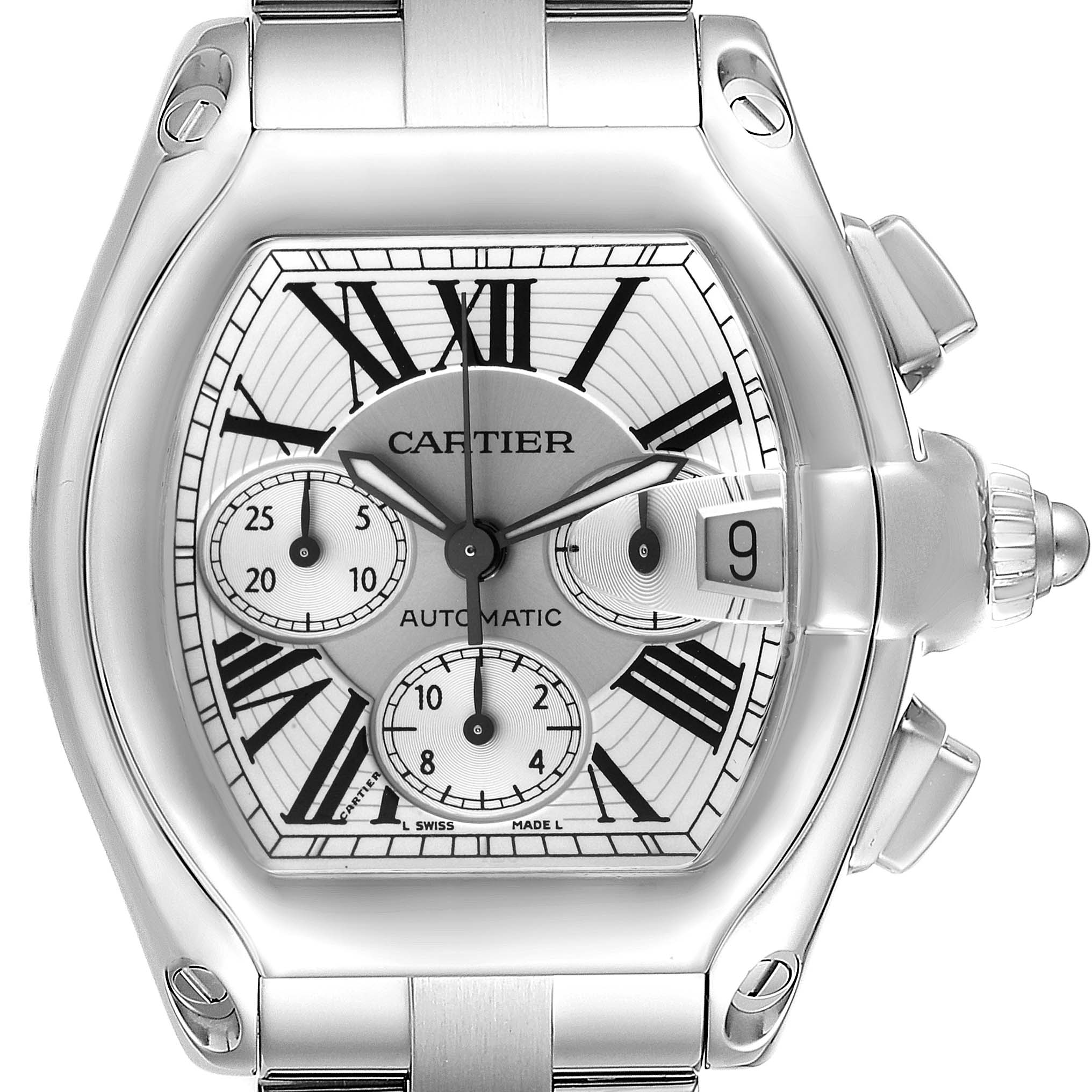 The image shows a close-up, front angle of a Cartier Roadster W62019X6 Men's Stainless Steel Silver Dial W62019X6 Men's Stainless Steel Silver Dial watch, featuring its dial, case, and bracelet.