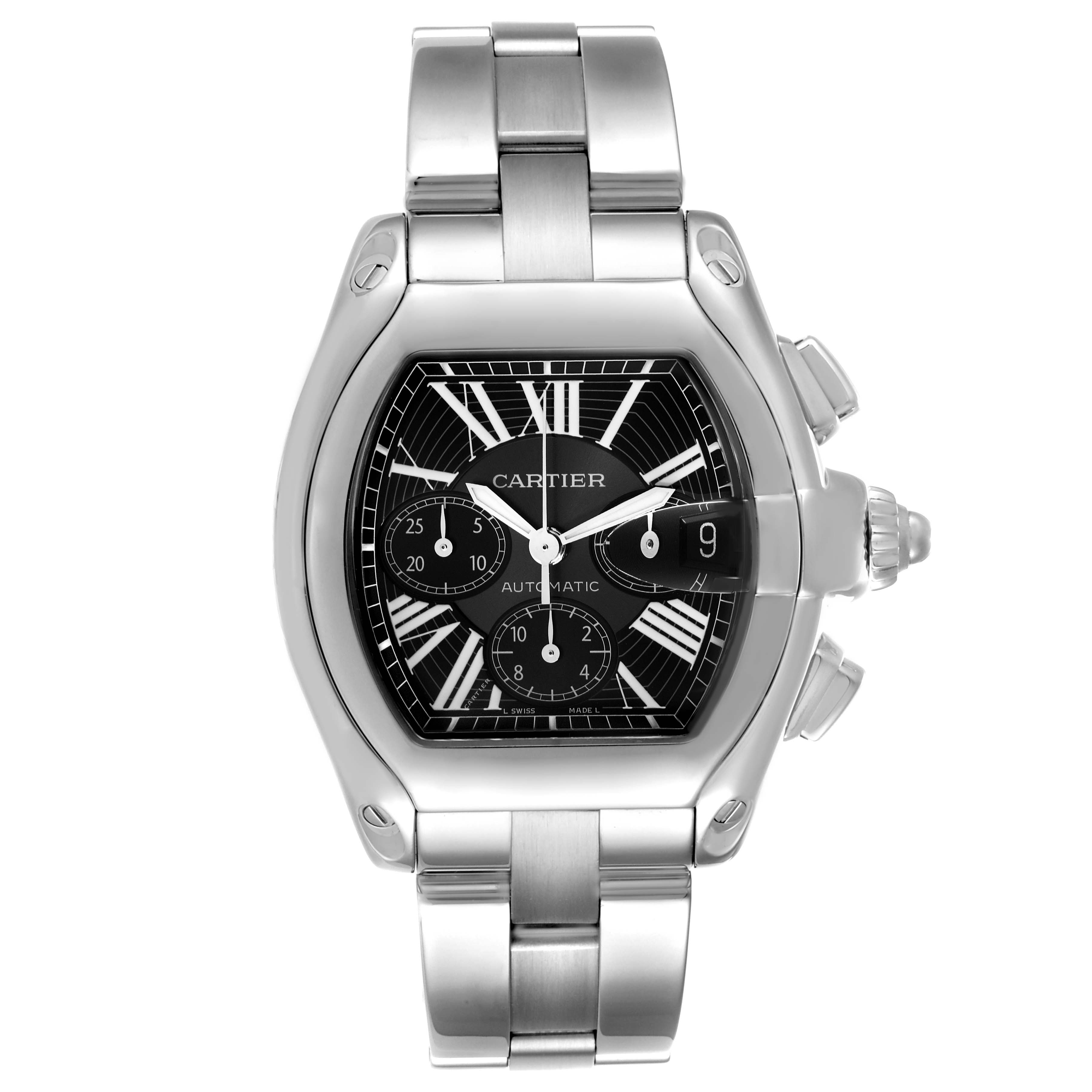 This Cartier Roadster W62020X6 Men's Stainless Steel Black Dial W62020X6 Men's Stainless Steel Black Dial watch is shown from a front angle displaying its face, links, and crown.