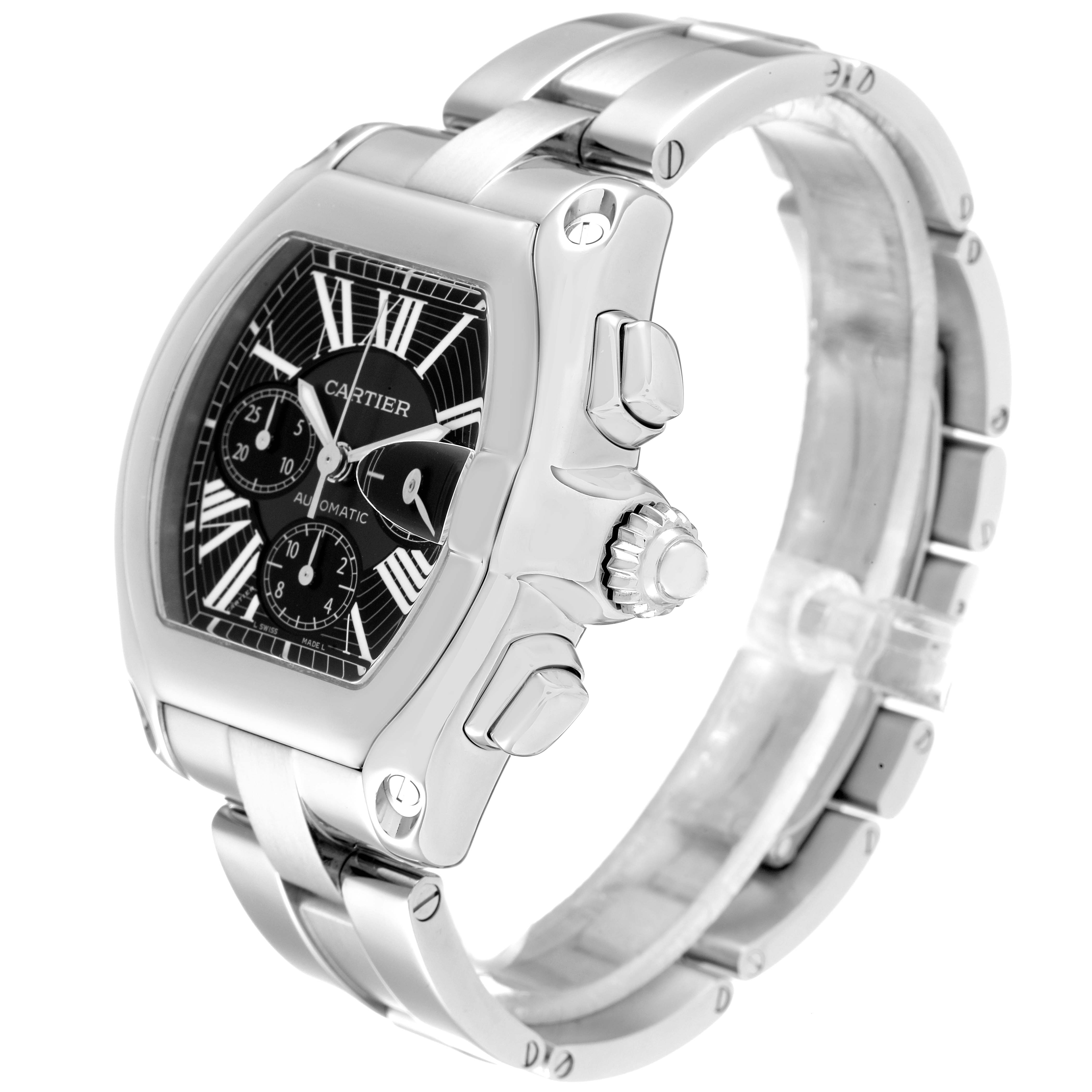 The image shows a side-angle view of the Cartier Roadster W62020X6 Men's Stainless Steel Black Dial W62020X6 Men's Stainless Steel Black Dial watch, highlighting its dial, crown, and bracelet.