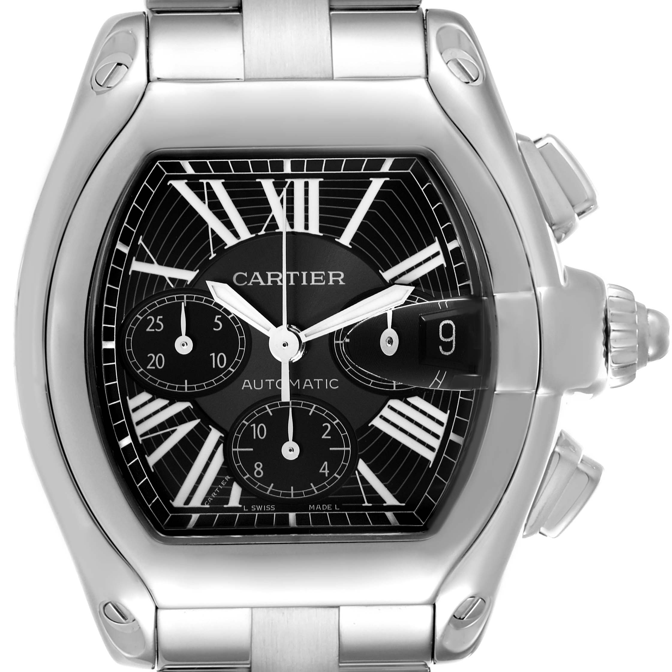 The image shows a front view of the Cartier Roadster W62020X6 Men's Stainless Steel Black Dial W62020X6 Men's Stainless Steel Black Dial watch, highlighting its face, crown, and pushers.