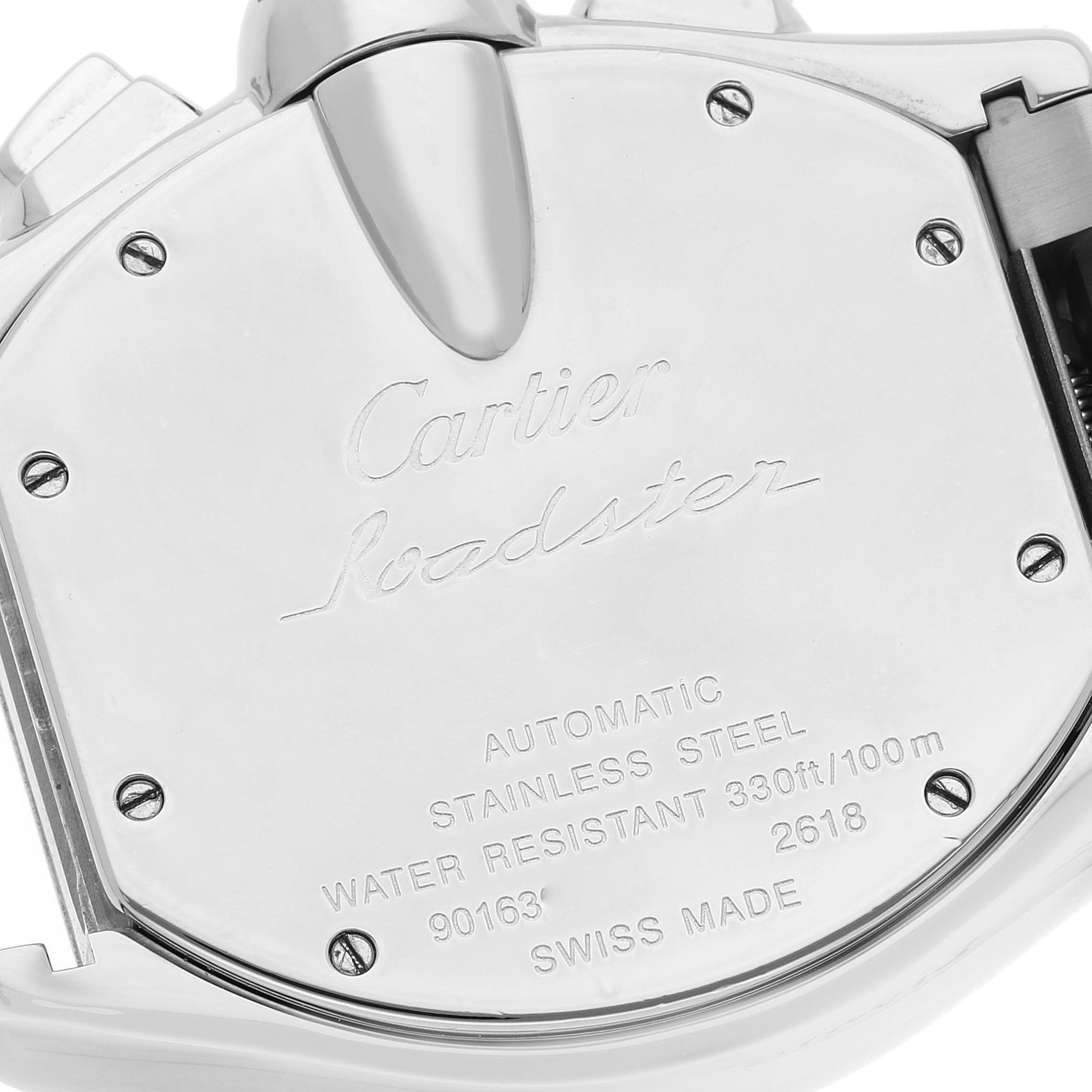 This image shows the caseback of a Cartier Roadster W62020X6 Men's Stainless Steel Black Dial W62020X6 Men's Stainless Steel Black Dial watch, displaying engravings with the model's details.