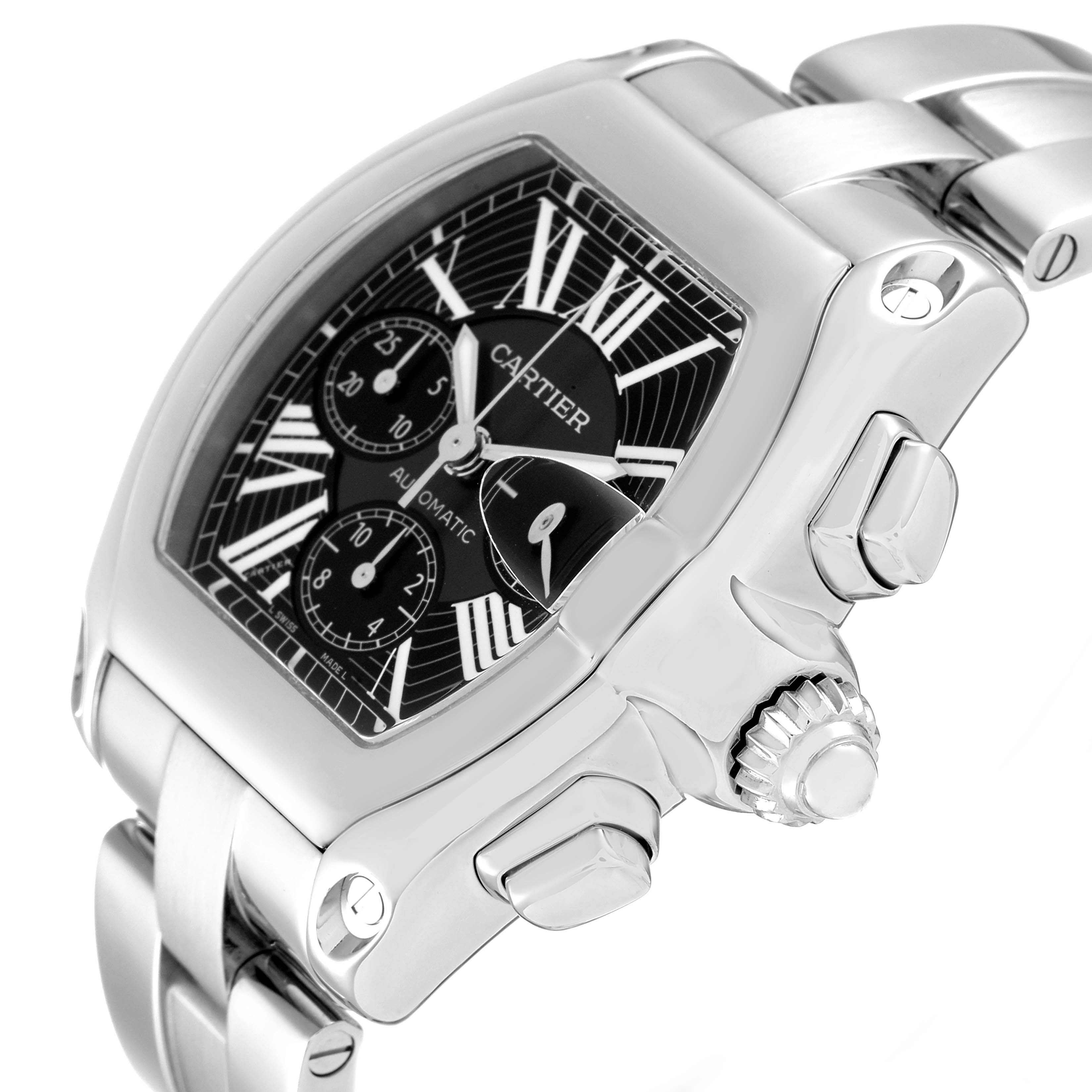 The image shows a close-up, side angle view of the Cartier Roadster W62020X6 Men's Stainless Steel Black Dial W62020X6 Men's Stainless Steel Black Dial watch, highlighting the crown, dial, and bracelet.