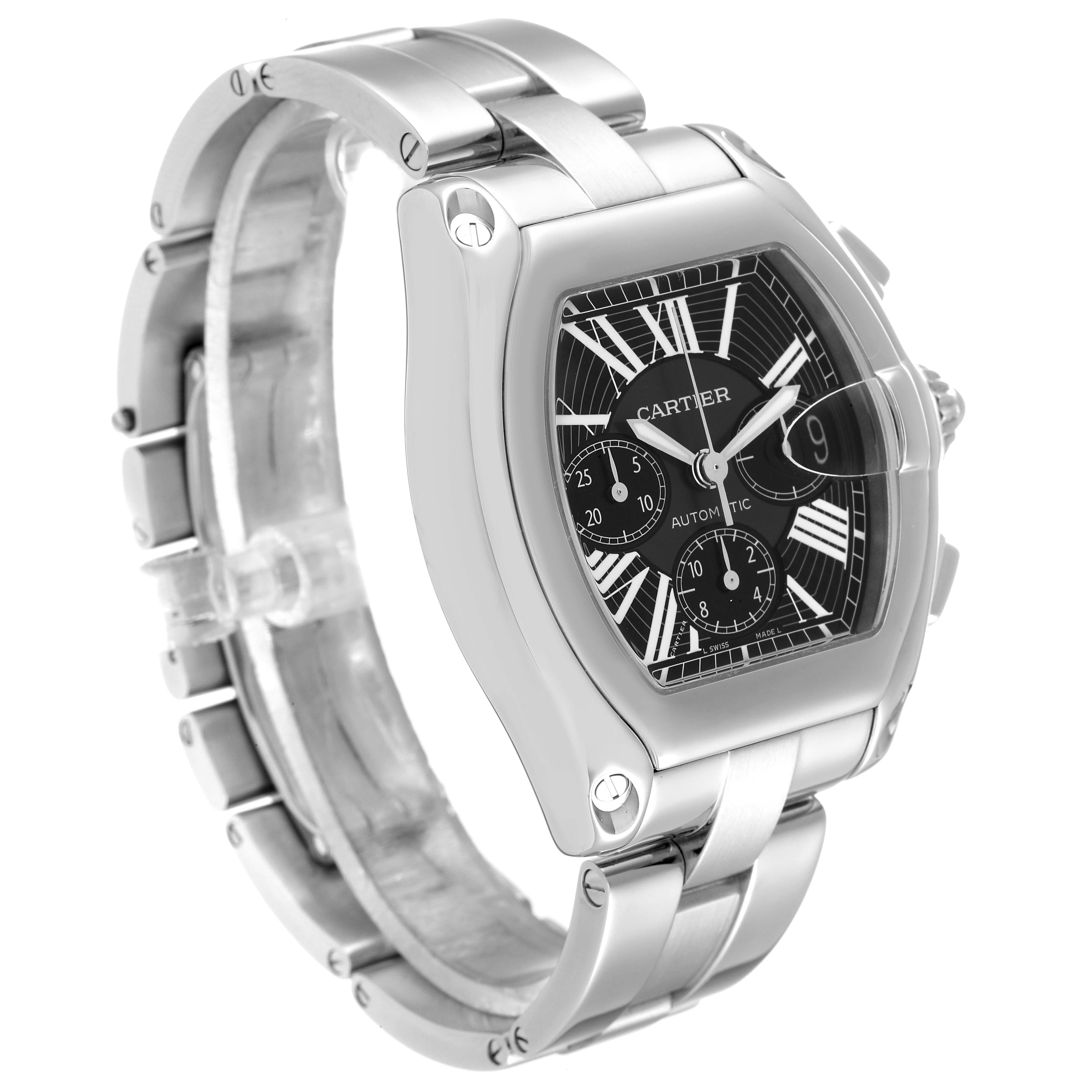 The image shows a Cartier Roadster W62020X6 Men's Stainless Steel Black Dial W62020X6 Men's Stainless Steel Black Dial watch from an angled side view, displaying the face, case, and metal bracelet.