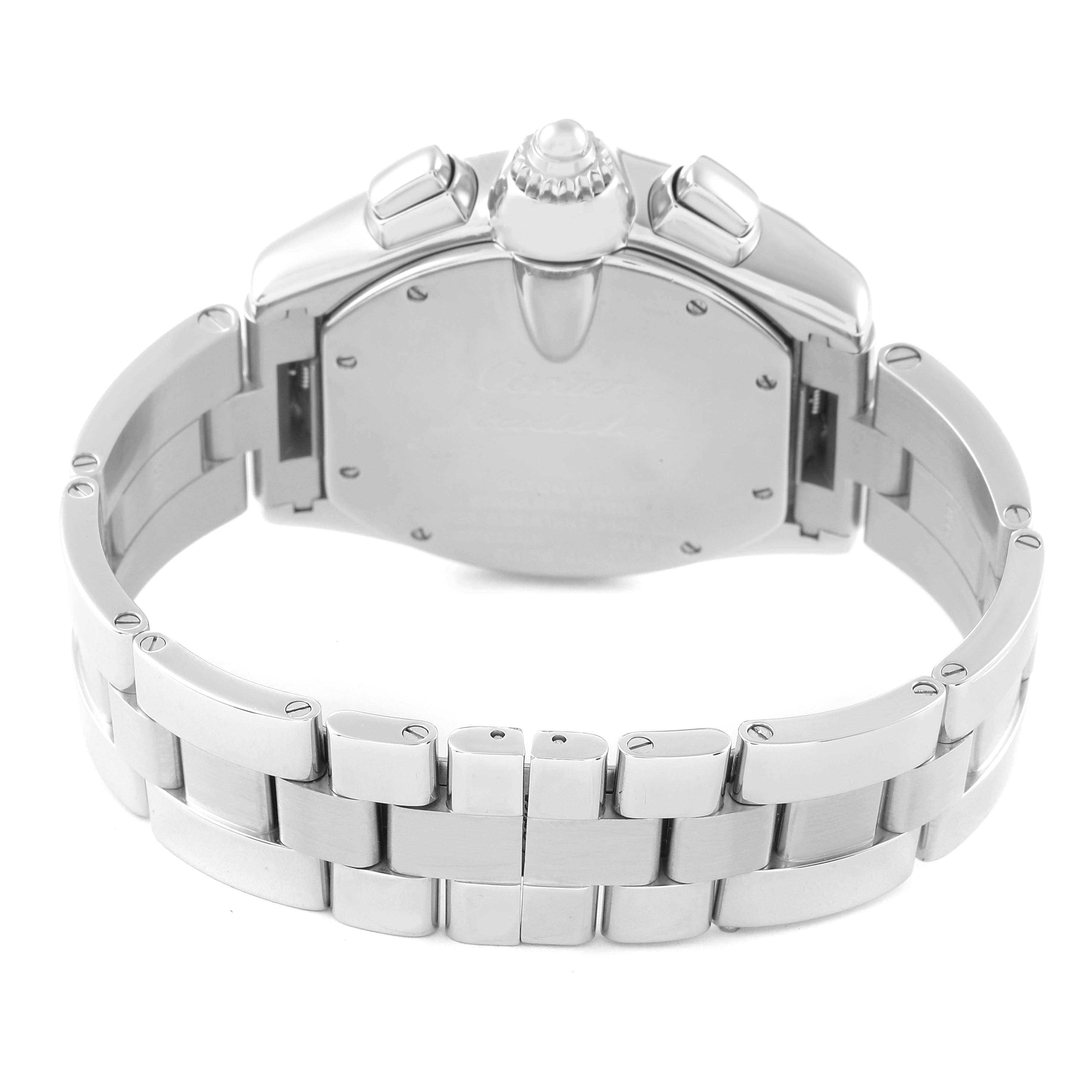 The image shows the back view of a Cartier Roadster W62020X6 Men's Stainless Steel Black Dial W62020X6 Men's Stainless Steel Black Dial watch, highlighting its bracelet and case back.