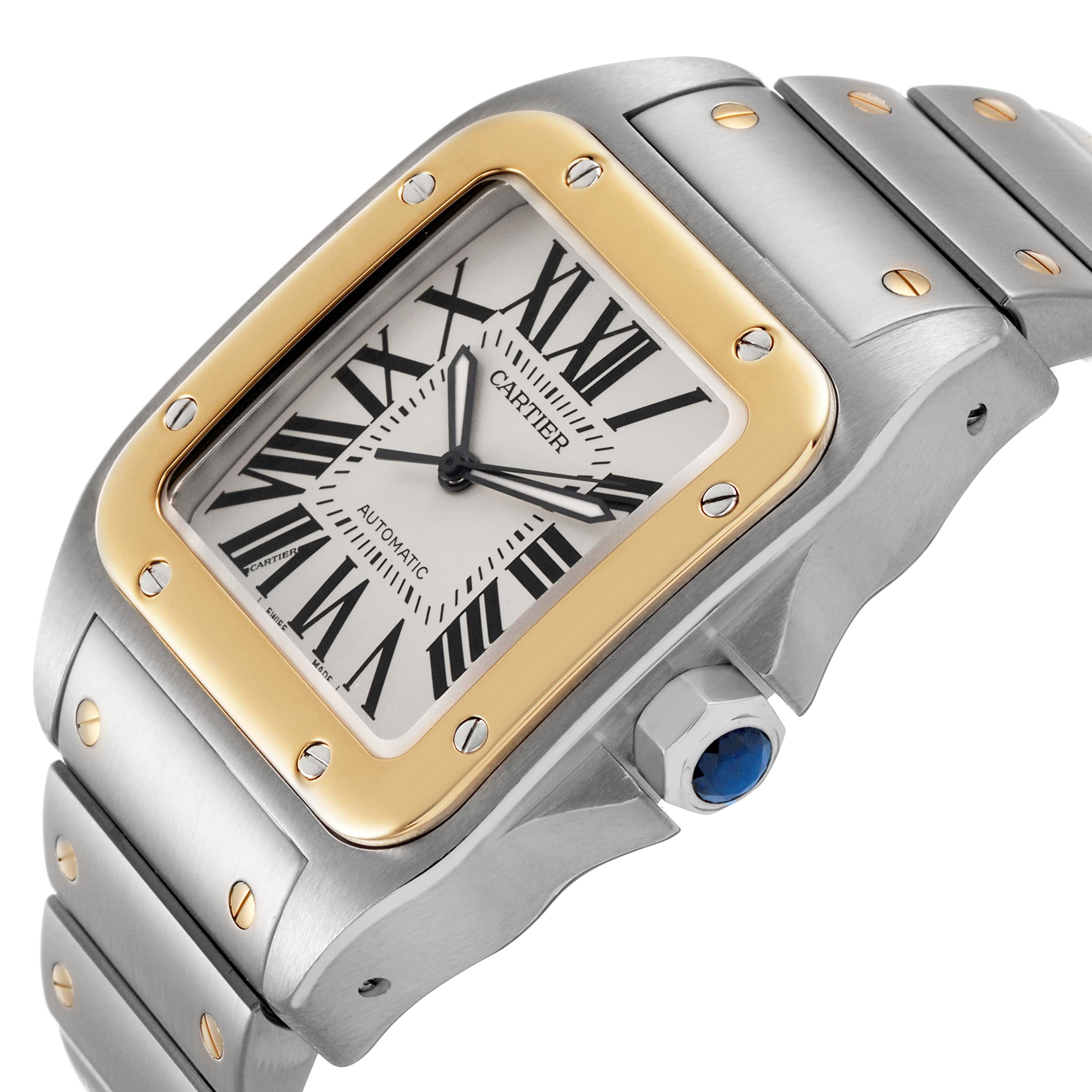 The Cartier Santos W200728G Men's Stainless Steel Silver Dial watch is shown at a slight angle, highlighting the gold bezel, silver bracelet, and blue cabochon crown.