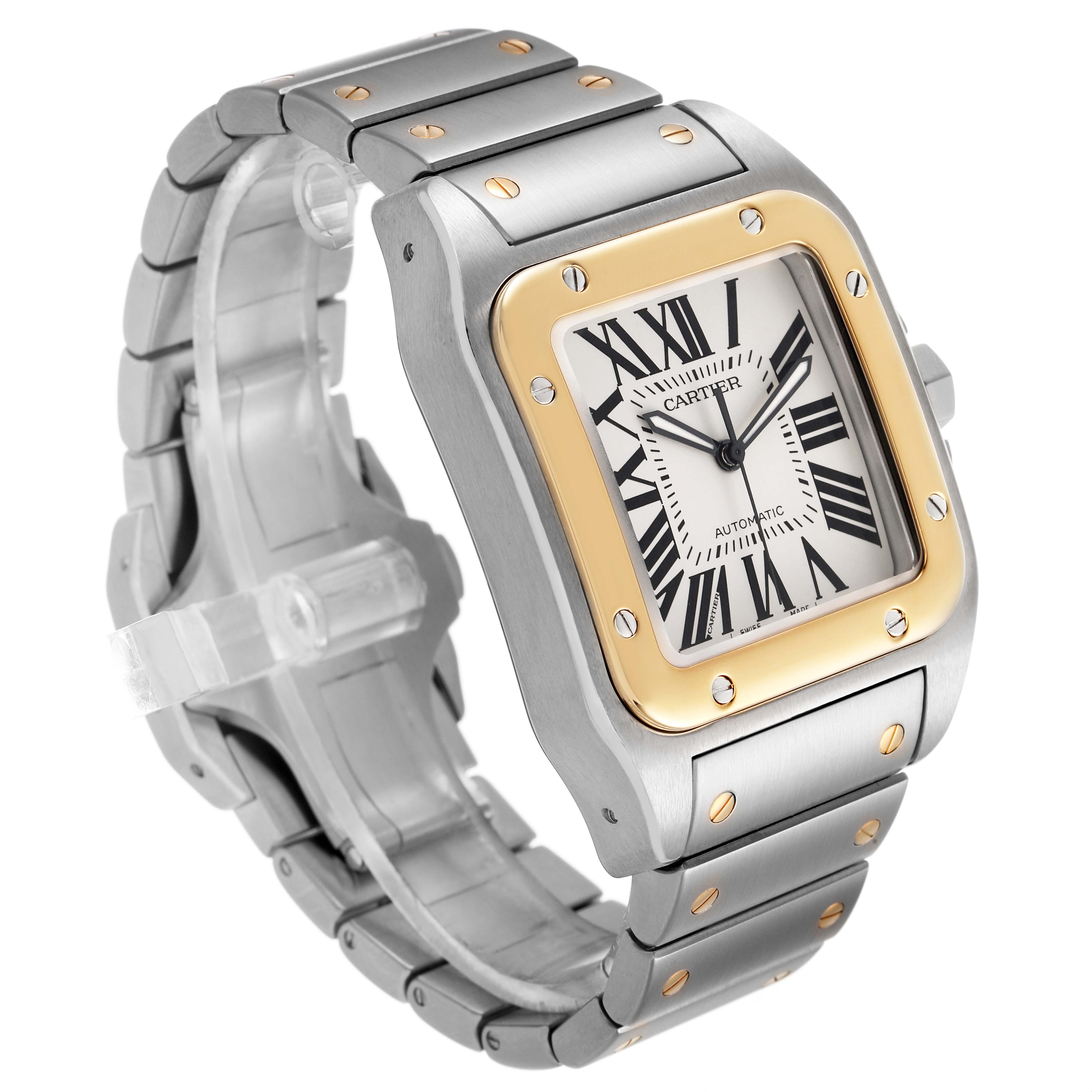The Cartier Santos W200728G Men's Stainless Steel Silver Dial watch is shown at a three-quarter angle, highlighting its bezel, dial with Roman numerals, and metal bracelet.