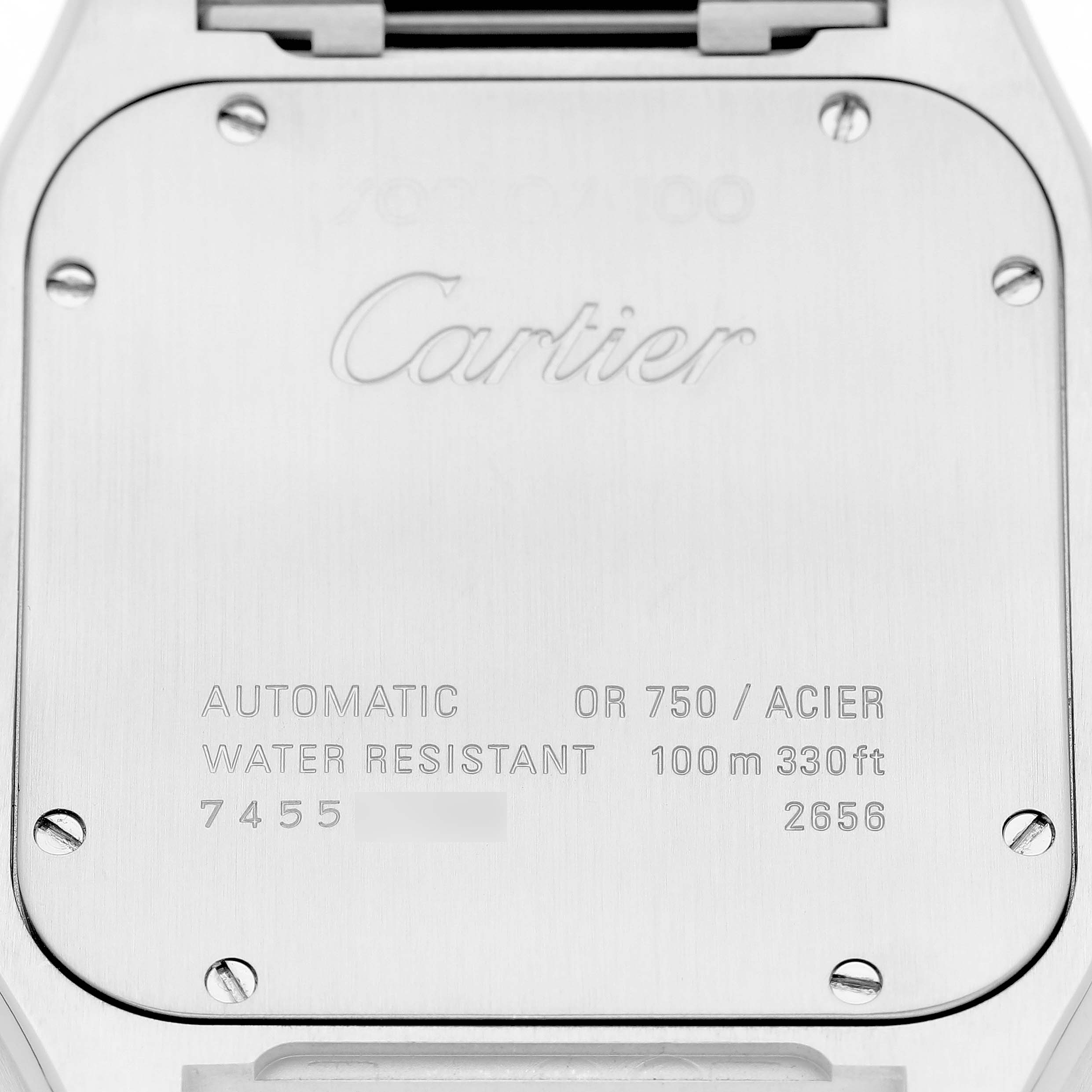 The image shows the back case of a Cartier Santos W200728G Men's Stainless Steel Silver Dial watch, displaying the brand logo, material, and water resistance details.