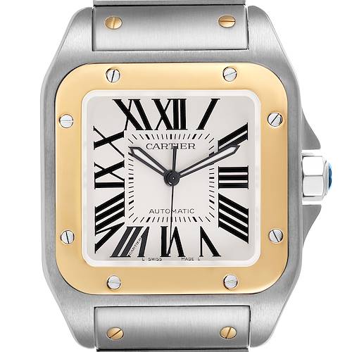 The Cartier Santos W200728G Men's Stainless Steel Silver Dial watch is shown from a front angle, highlighting the bezel, dial, and screws.