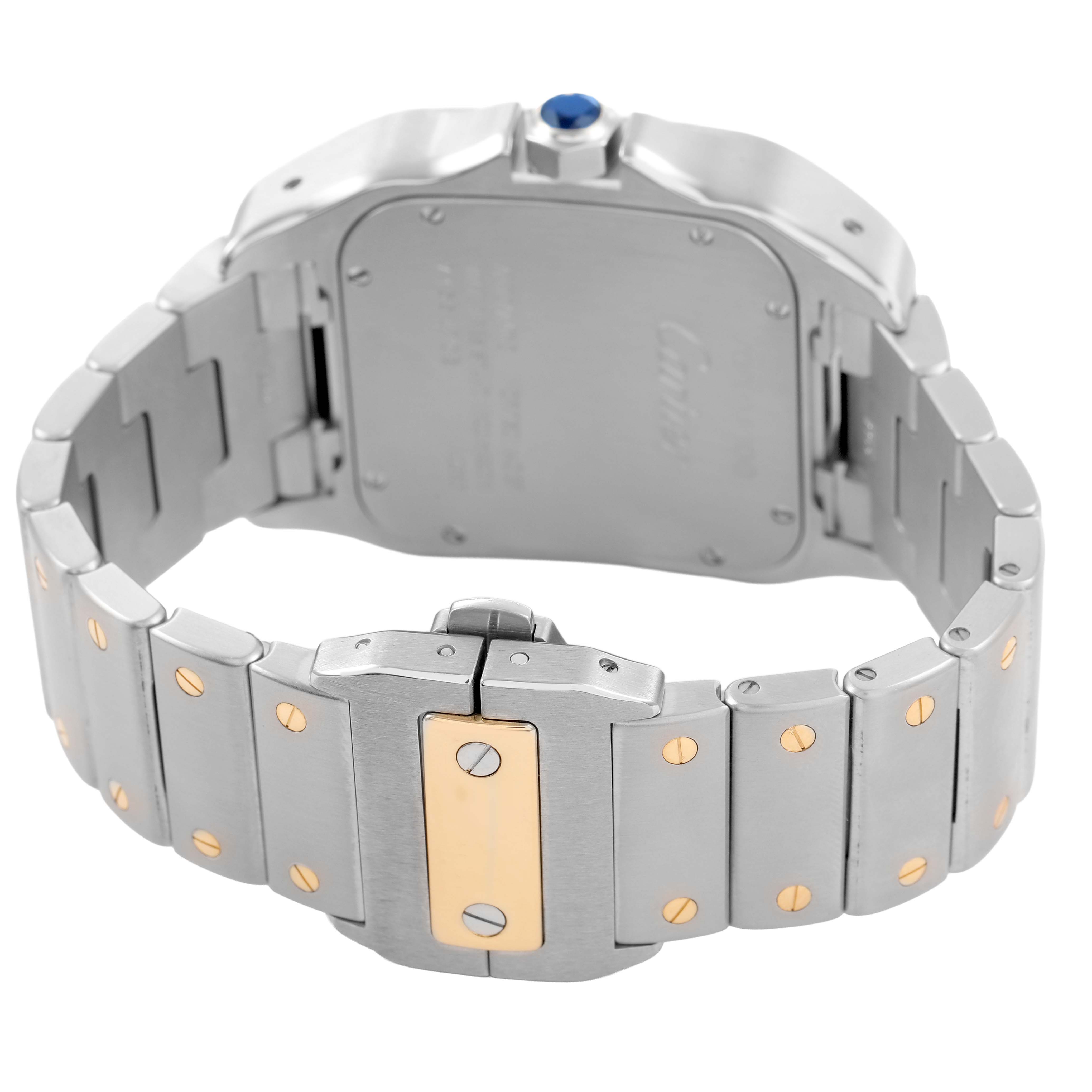 The image shows the back and clasp of a Cartier Santos W200728G Men's Stainless Steel Silver Dial watch, highlighting its metal bracelet with gold accents.