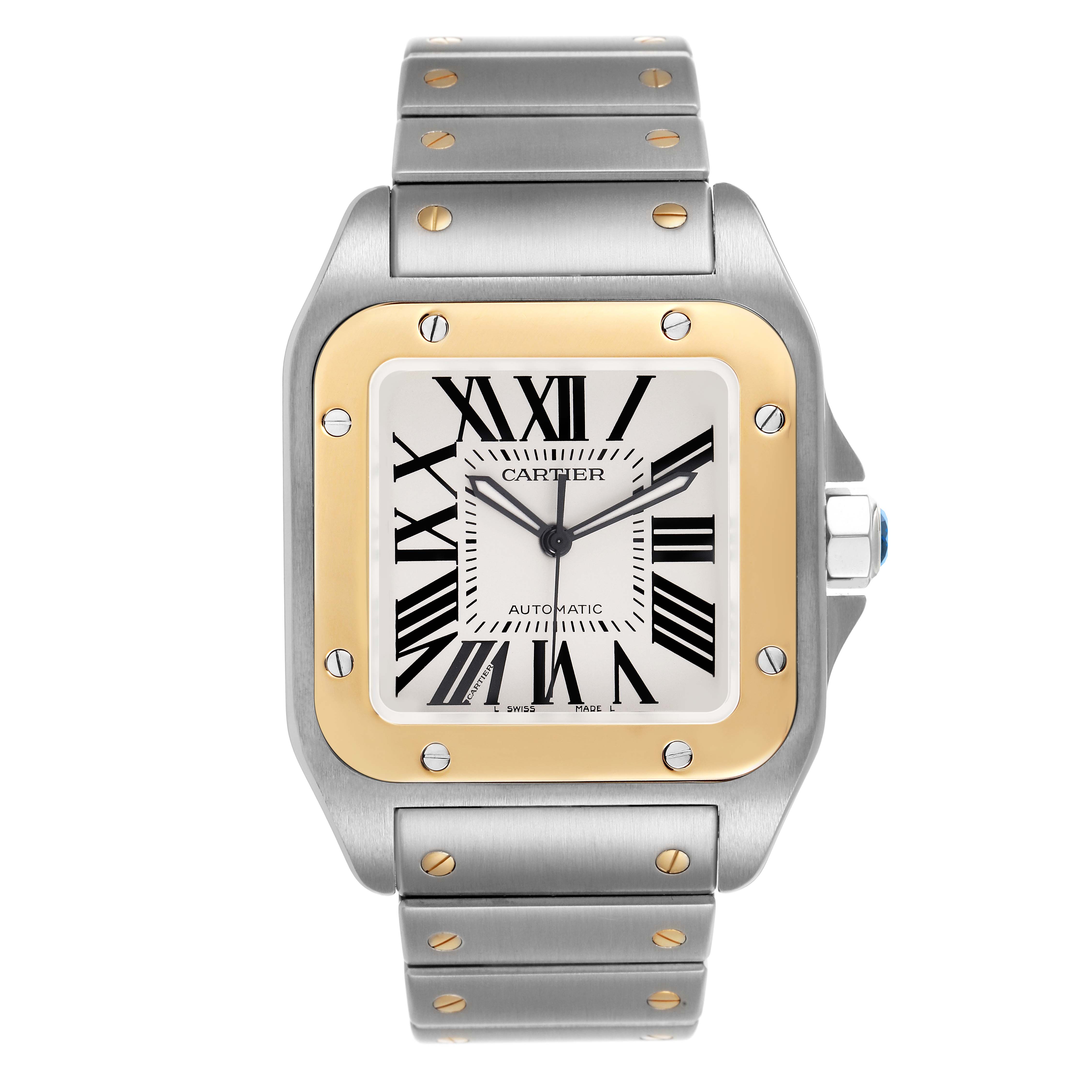 The Cartier Santos W200728G Men's Stainless Steel Silver Dial watch is shown from a front angle, displaying the face, bezel, and part of the bracelet.