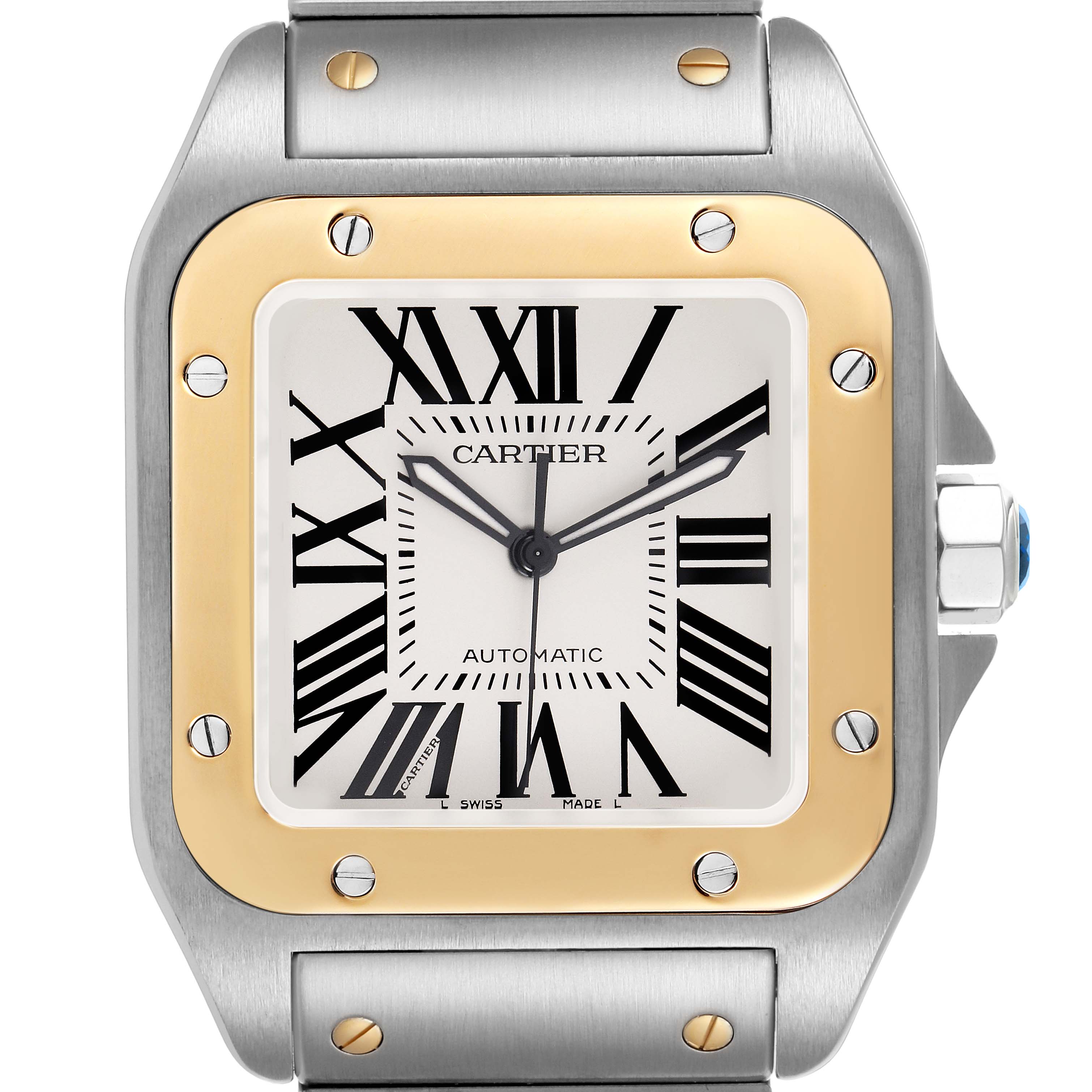 The Cartier Santos W200728G Men's Stainless Steel Silver Dial watch is shown from a front angle, displaying its square dial, bezel, and Roman numerals.