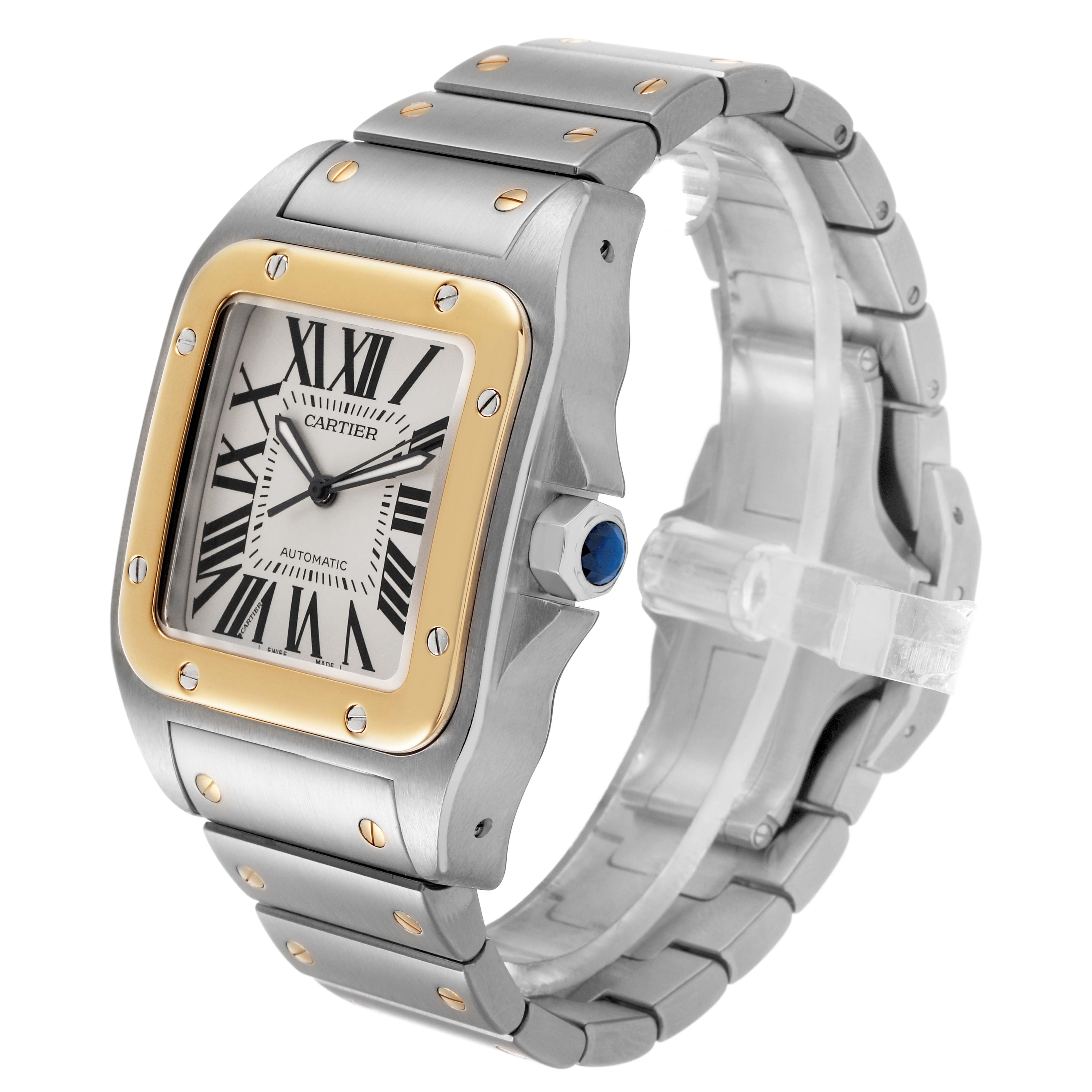 The Cartier Santos W200728G Men's Stainless Steel Silver Dial watch is shown at a three-quarter angle, highlighting its bezel, dial, crown, and bracelet.