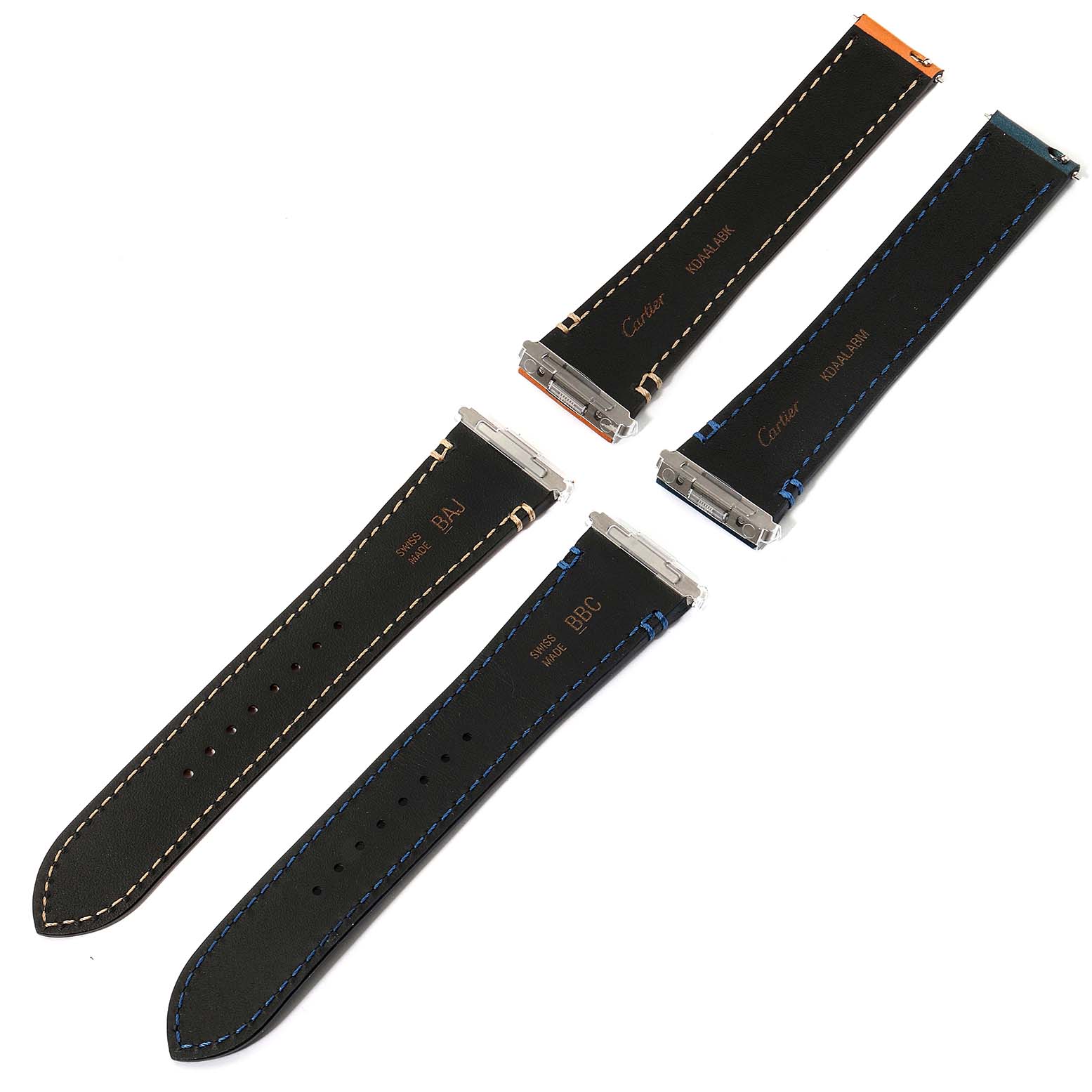 The image shows replacement leather straps for the Santos model by Cartier, viewed from the top at an angle.