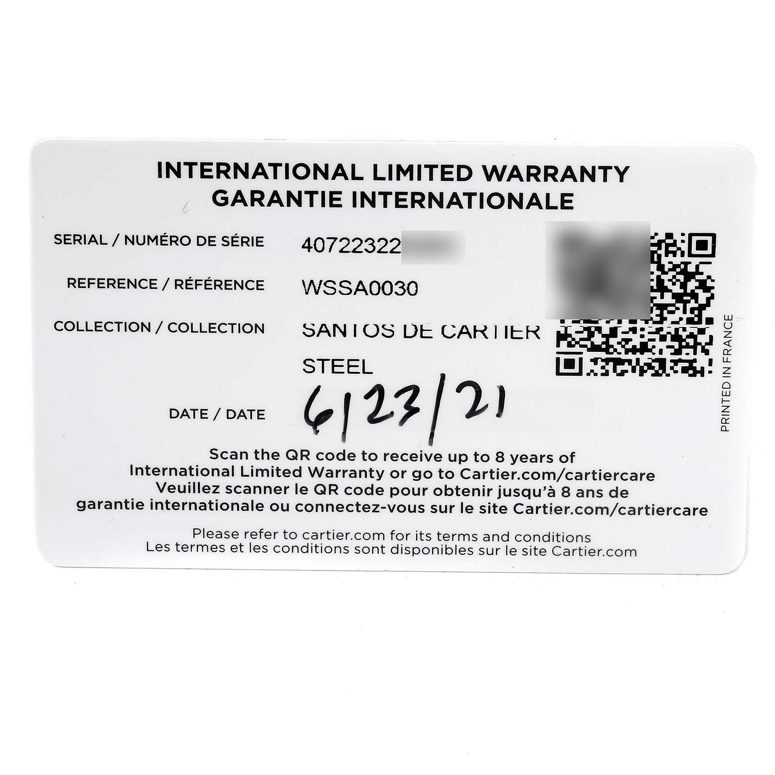 The image shows an international limited warranty card for a Cartier Santos WSSA0030 Men's Stainless Steel Blue Dial WSSA0030 Men's Stainless Steel Blue Dial model, displaying serial, reference, collection, material, and date details.