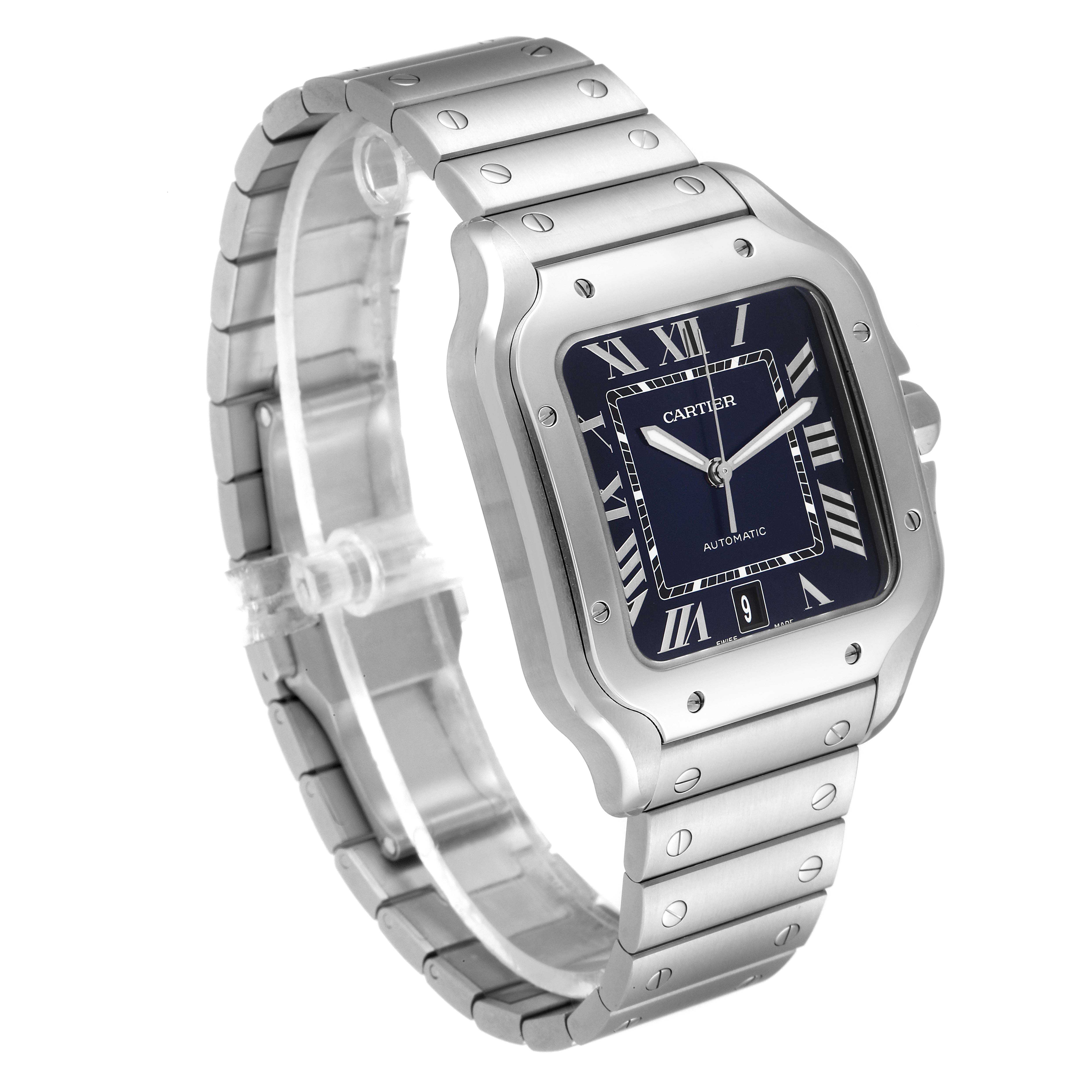 The image shows the Cartier Santos WSSA0030 Men's Stainless Steel Blue Dial WSSA0030 Men's Stainless Steel Blue Dial watch at an angled view, highlighting its square case, dial, and metal bracelet.