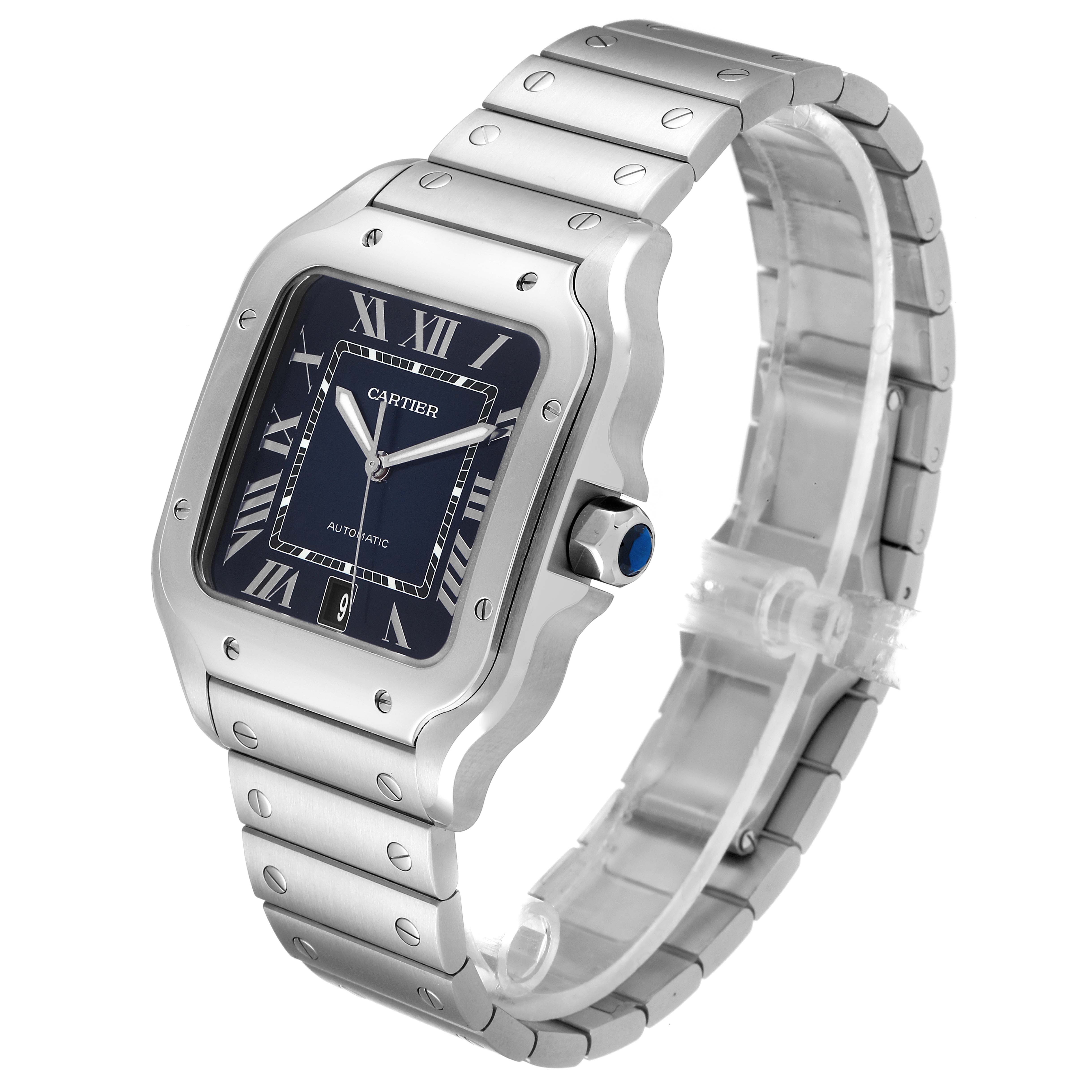 The image shows a Cartier Santos WSSA0030 Men's Stainless Steel Blue Dial WSSA0030 Men's Stainless Steel Blue Dial watch at a three-quarter angle, highlighting the face, bezel, crown, and bracelet.