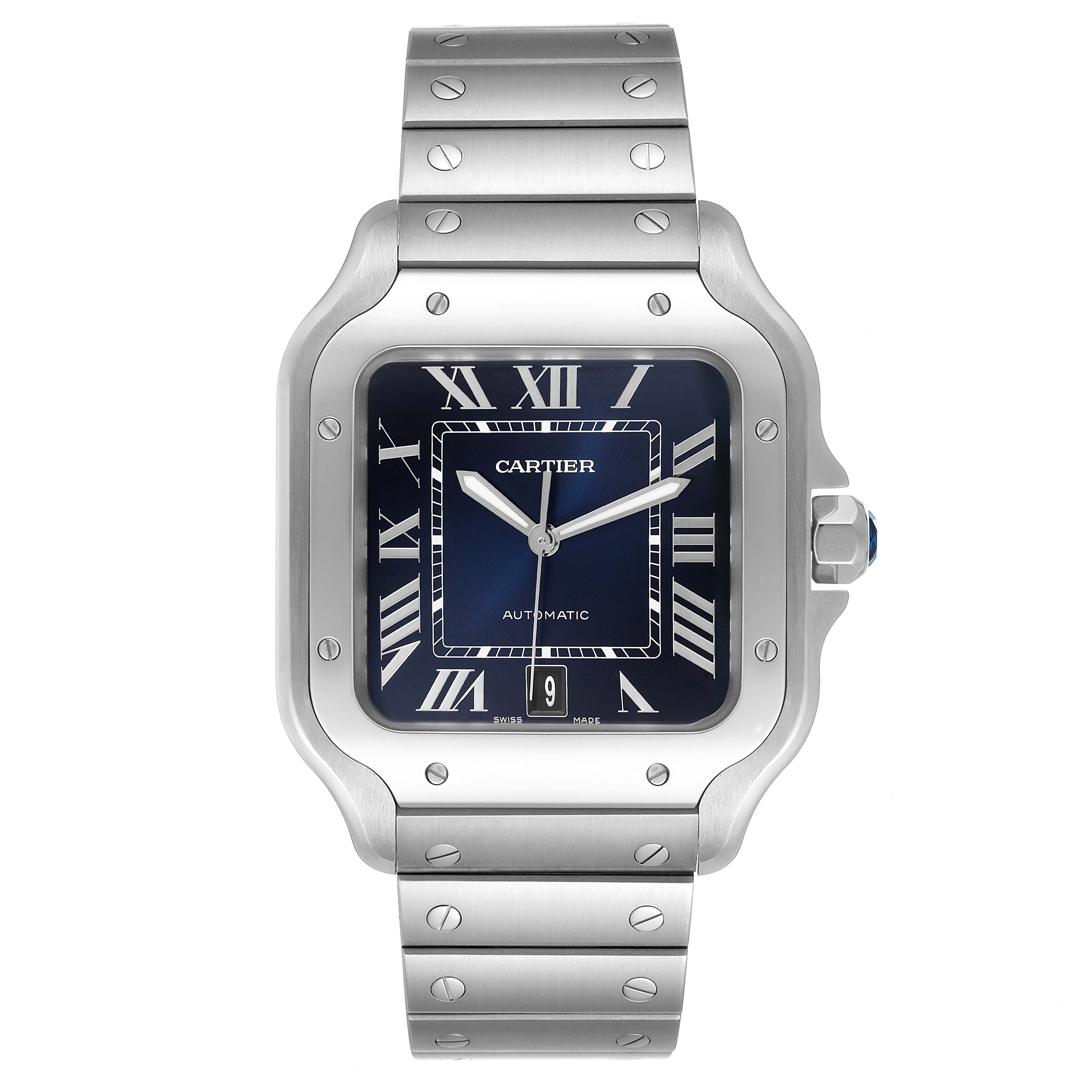 This Cartier Santos WSSA0030 Men's Stainless Steel Blue Dial WSSA0030 Men's Stainless Steel Blue Dial model watch is shown head-on, displaying the front face, bezel, and bracelet.