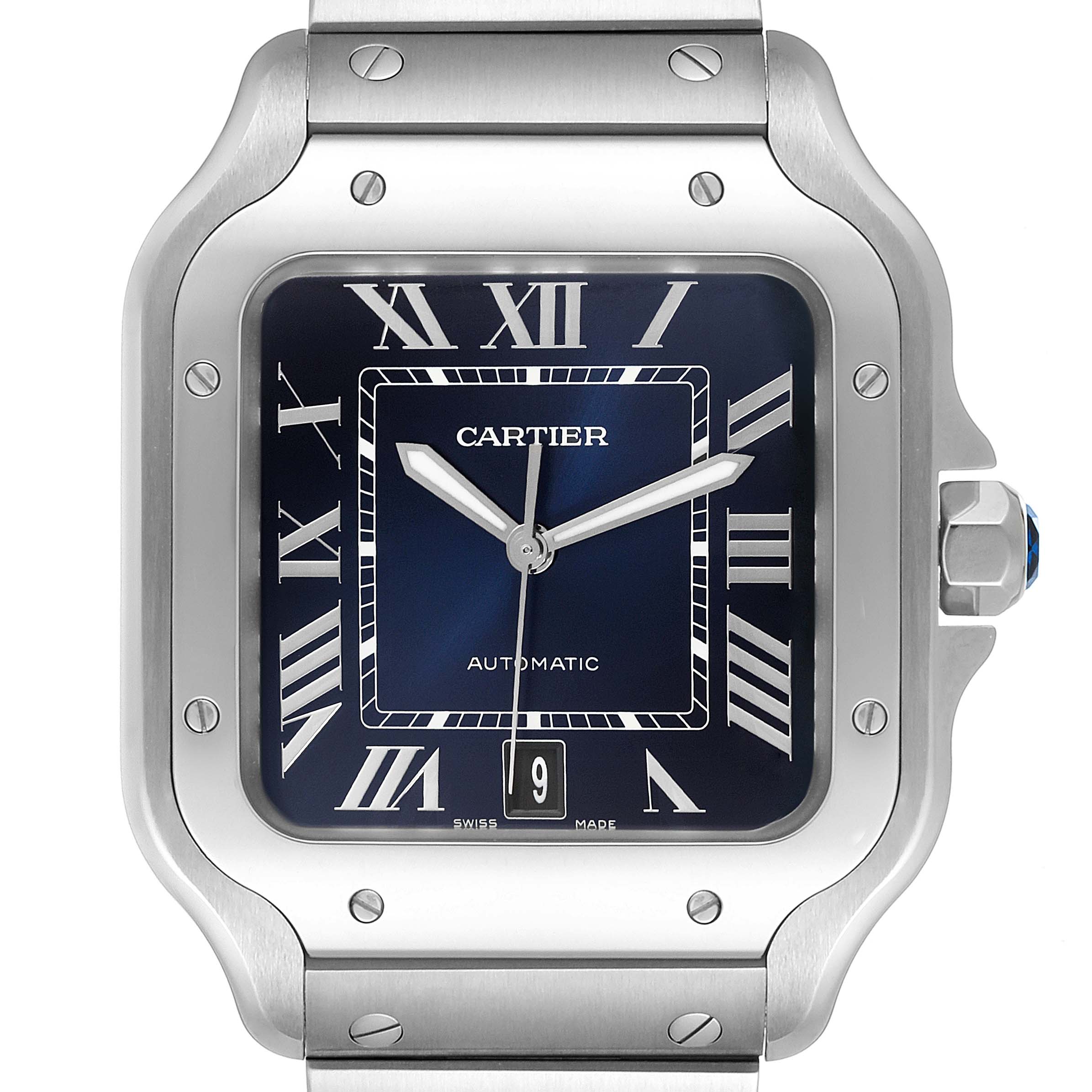 This image shows a frontal view of a Cartier Santos WSSA0030 Men's Stainless Steel Blue Dial WSSA0030 Men's Stainless Steel Blue Dial watch, highlighting its face, bezel, and part of the bracelet.