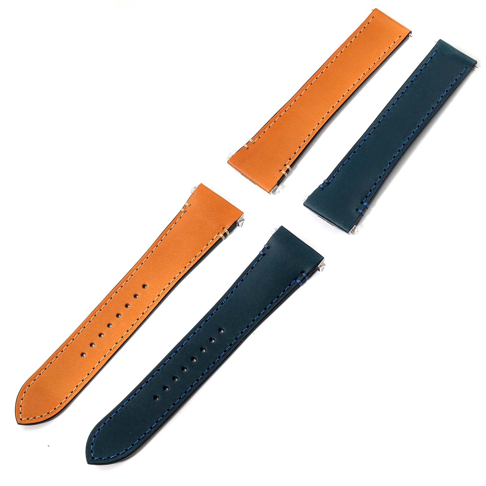 The image shows replacement leather straps in orange and blue for the Cartier Santos WSSA0030 Men's Stainless Steel Blue Dial WSSA0030 Men's Stainless Steel Blue Dial watch, laid out flat.