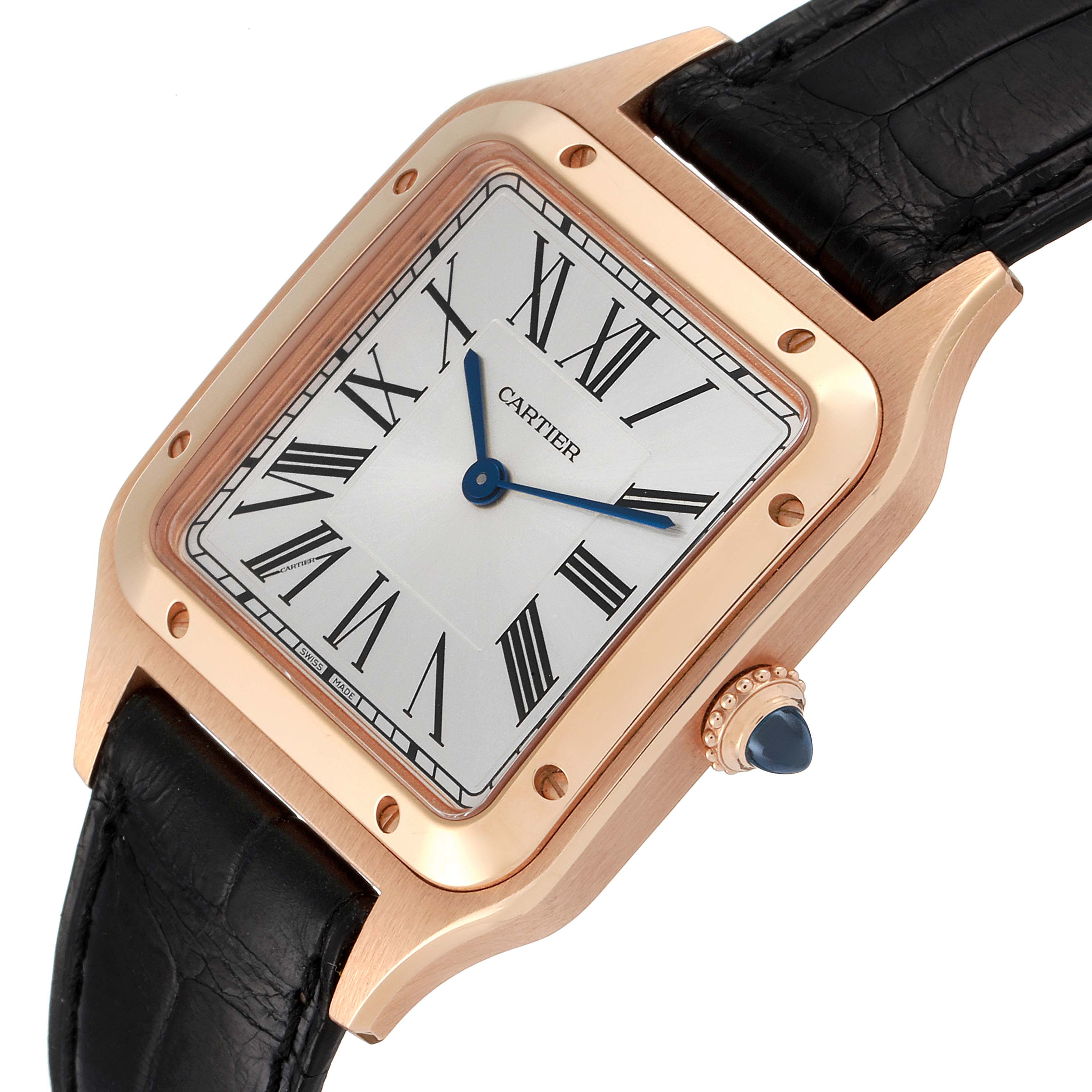 This image shows the front and side of a Cartier Santos Dumont WGSA0021 Men
s Rose Gold Silver Dial WGSA0021 Men
s Rose Gold Silver Dial watch, highlighting the dial, case, crown, and strap.