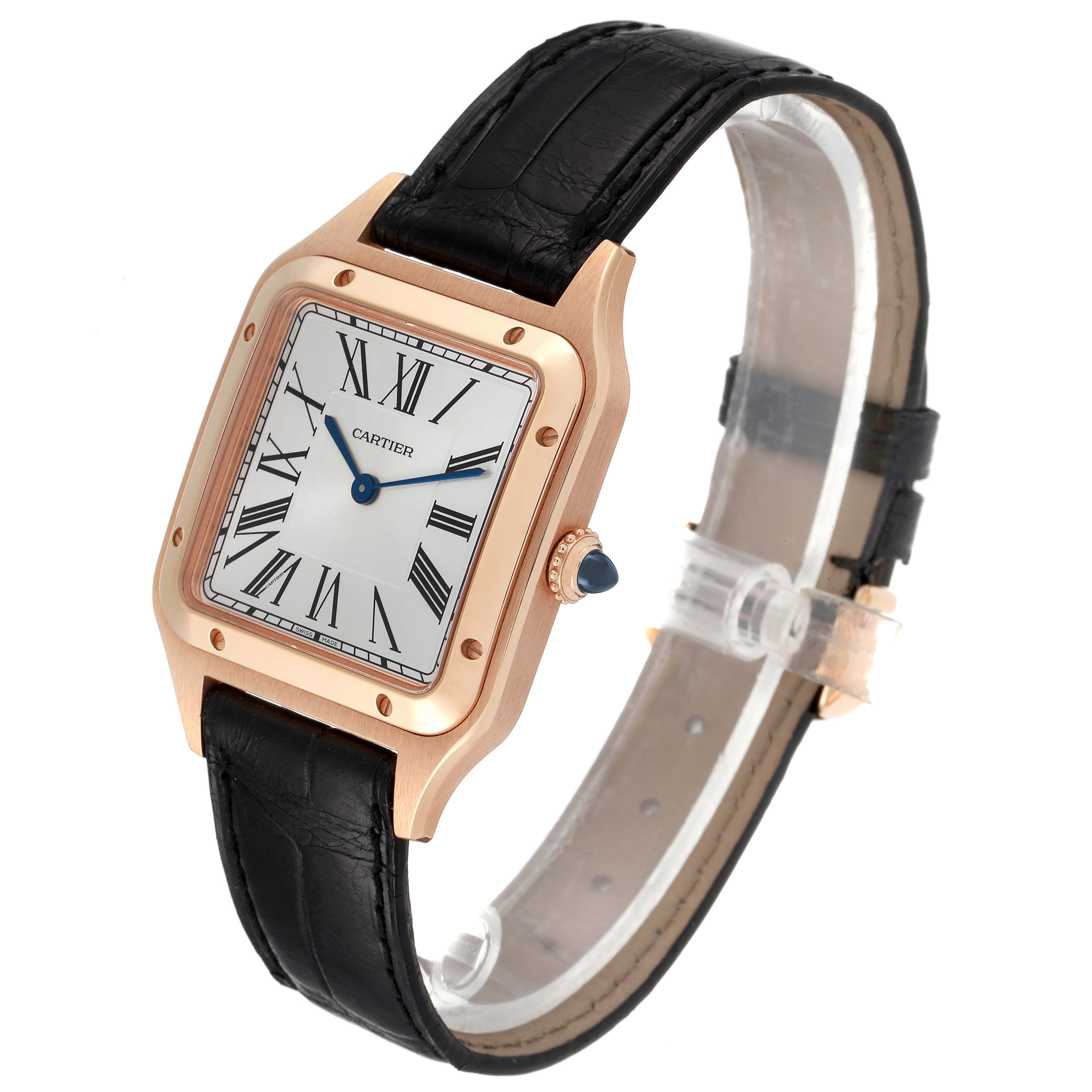 The image shows a side angle of the Cartier Santos Dumont WGSA0021 Men
s Rose Gold Silver Dial WGSA0021 Men
s Rose Gold Silver Dial watch, highlighting its face, case, crown, and strap. 