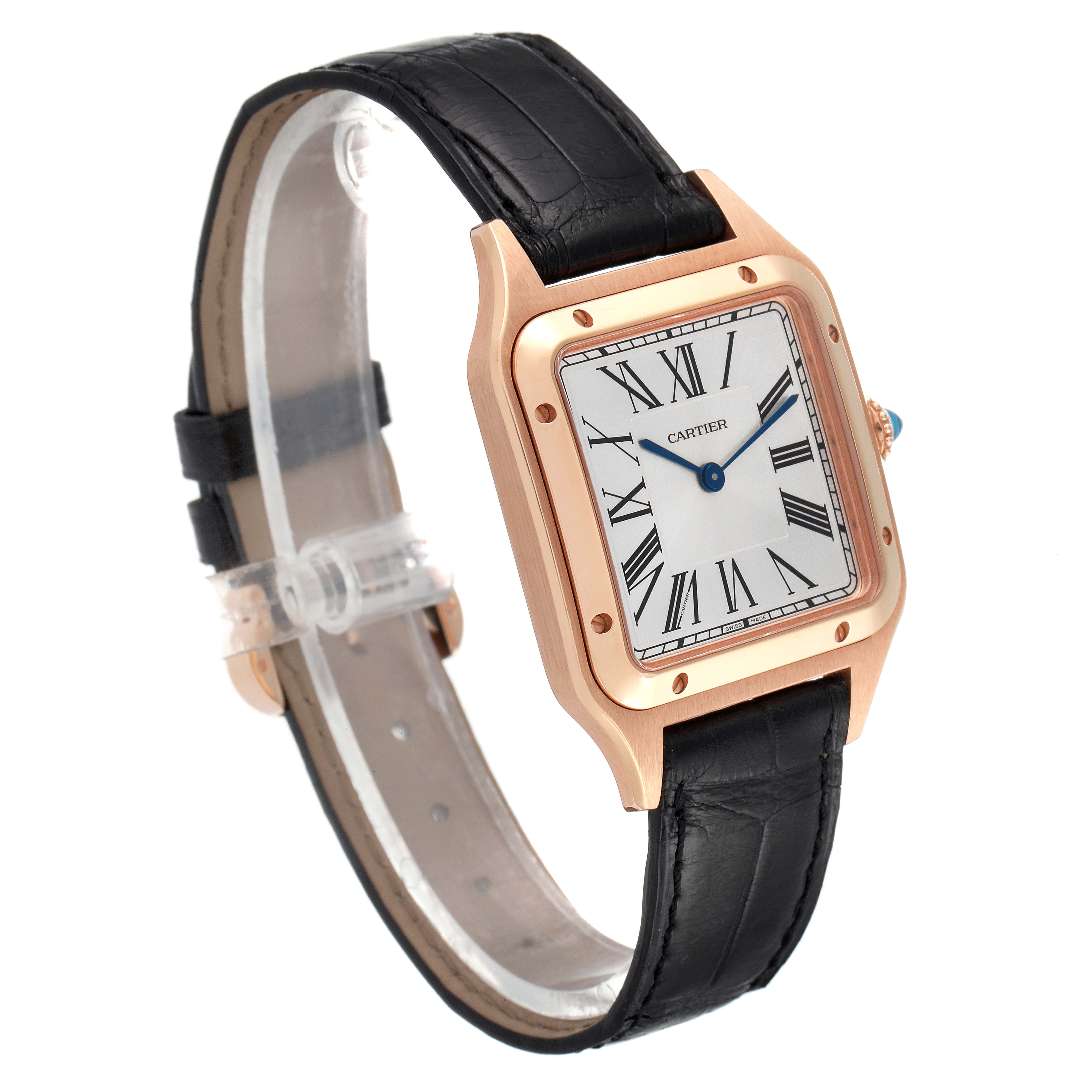 This Cartier Santos Dumont WGSA0021 Men
s Rose Gold Silver Dial WGSA0021 Men
s Rose Gold Silver Dial watch is shown at a three-quarter angle, highlighting its square face, Roman numerals, and black leather strap.