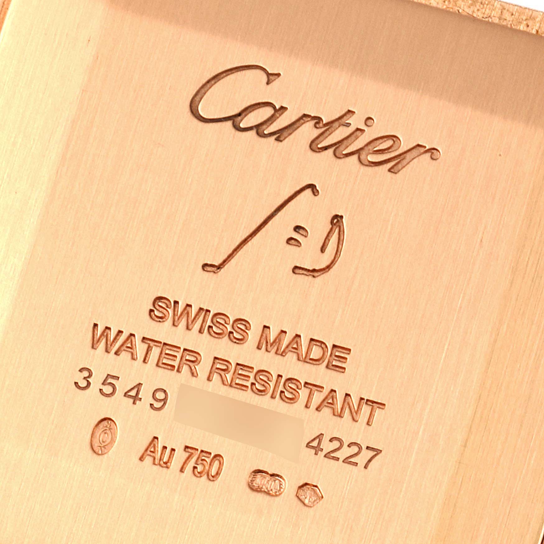 This image shows the back case of a Cartier Santos Dumont WGSA0021 Men
s Rose Gold Silver Dial WGSA0021 Men
s Rose Gold Silver Dial watch, with engravings indicating its model, water resistance, and various markings.