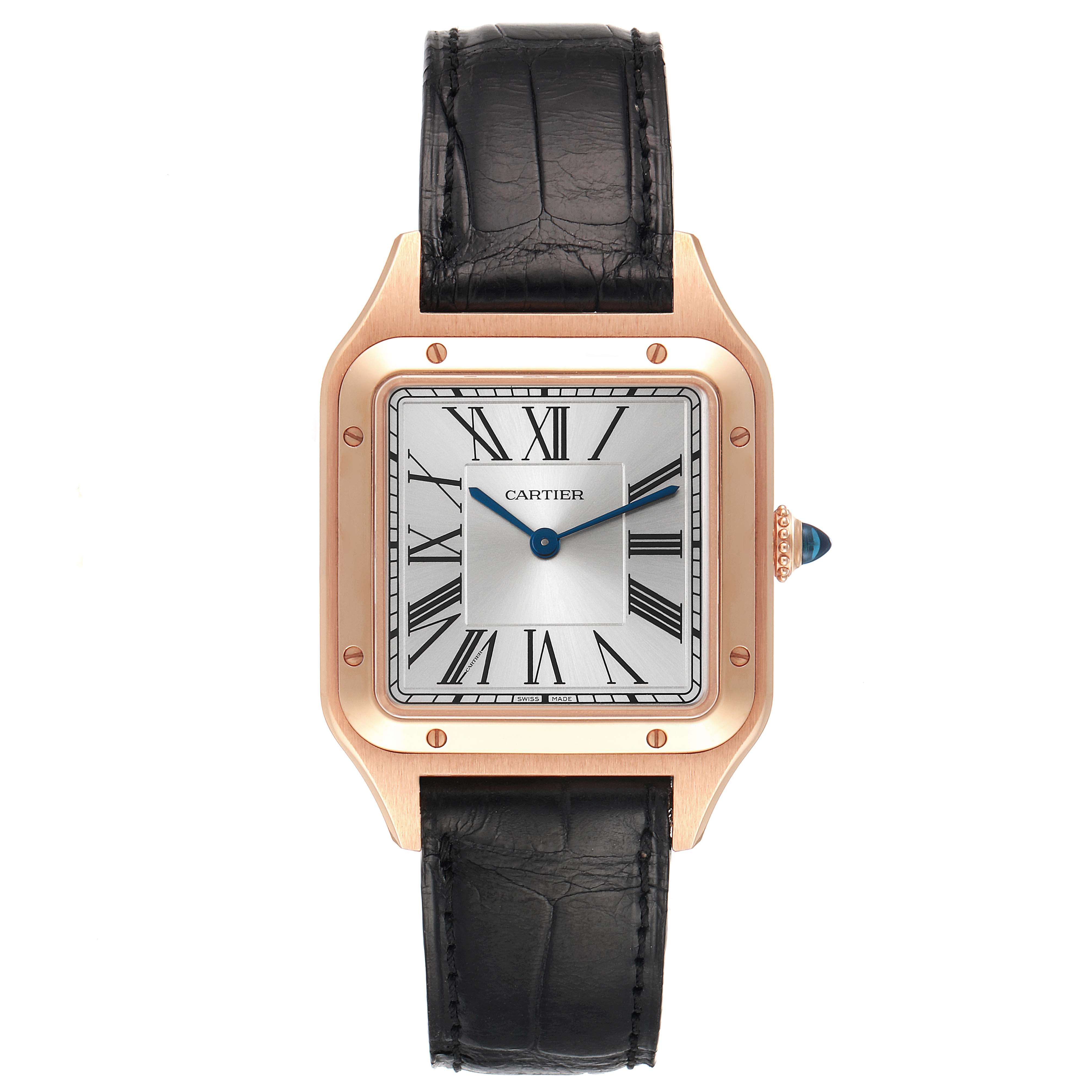 This image shows a Cartier Santos Dumont WGSA0021 Men
s Rose Gold Silver Dial WGSA0021 Men
s Rose Gold Silver Dial watch from a front angle, displaying its face and black leather strap.