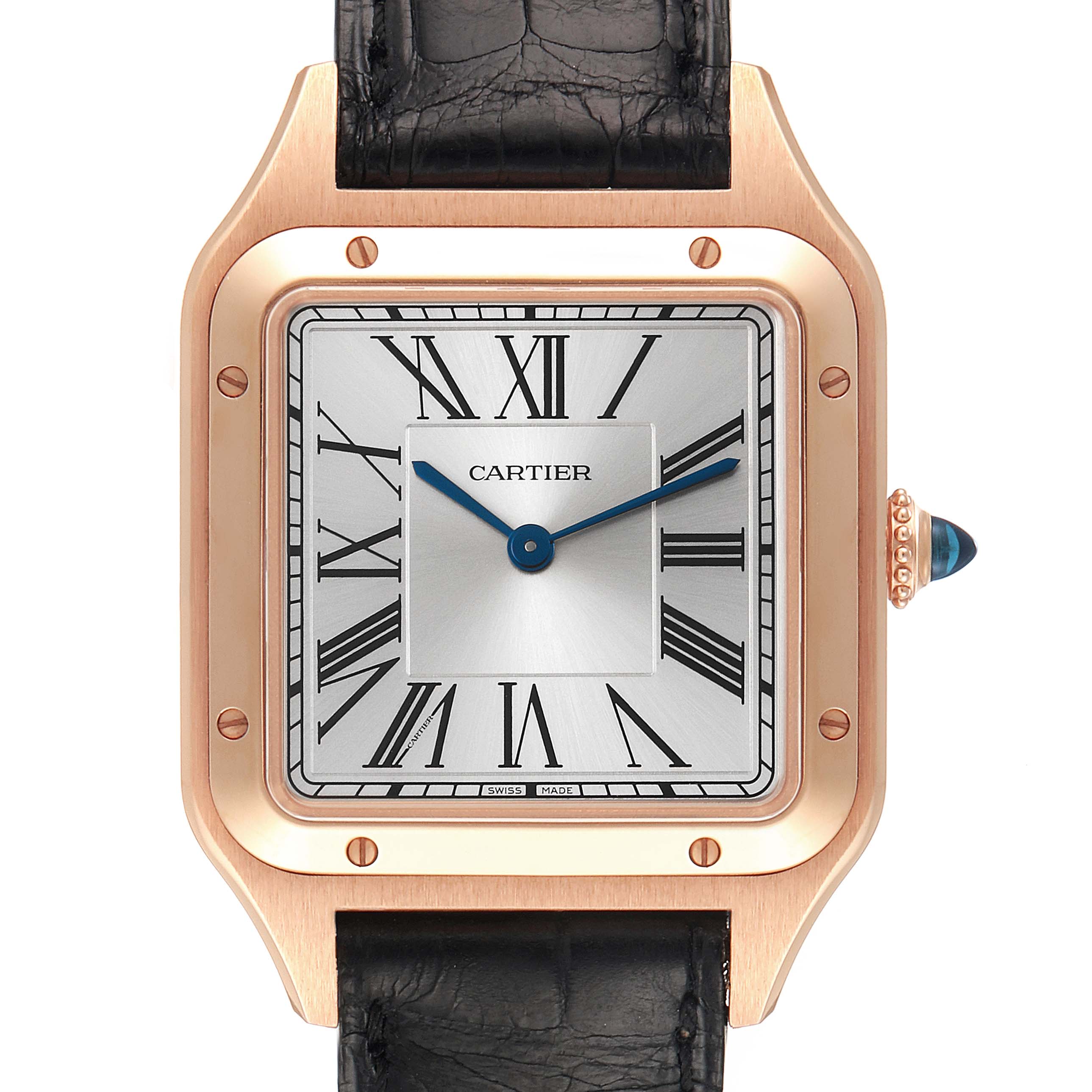 The image shows a frontal view of the Cartier Santos Dumont WGSA0021 Men
s Rose Gold Silver Dial WGSA0021 Men
s Rose Gold Silver Dial watch, highlighting the dial, case, and part of the leather strap.