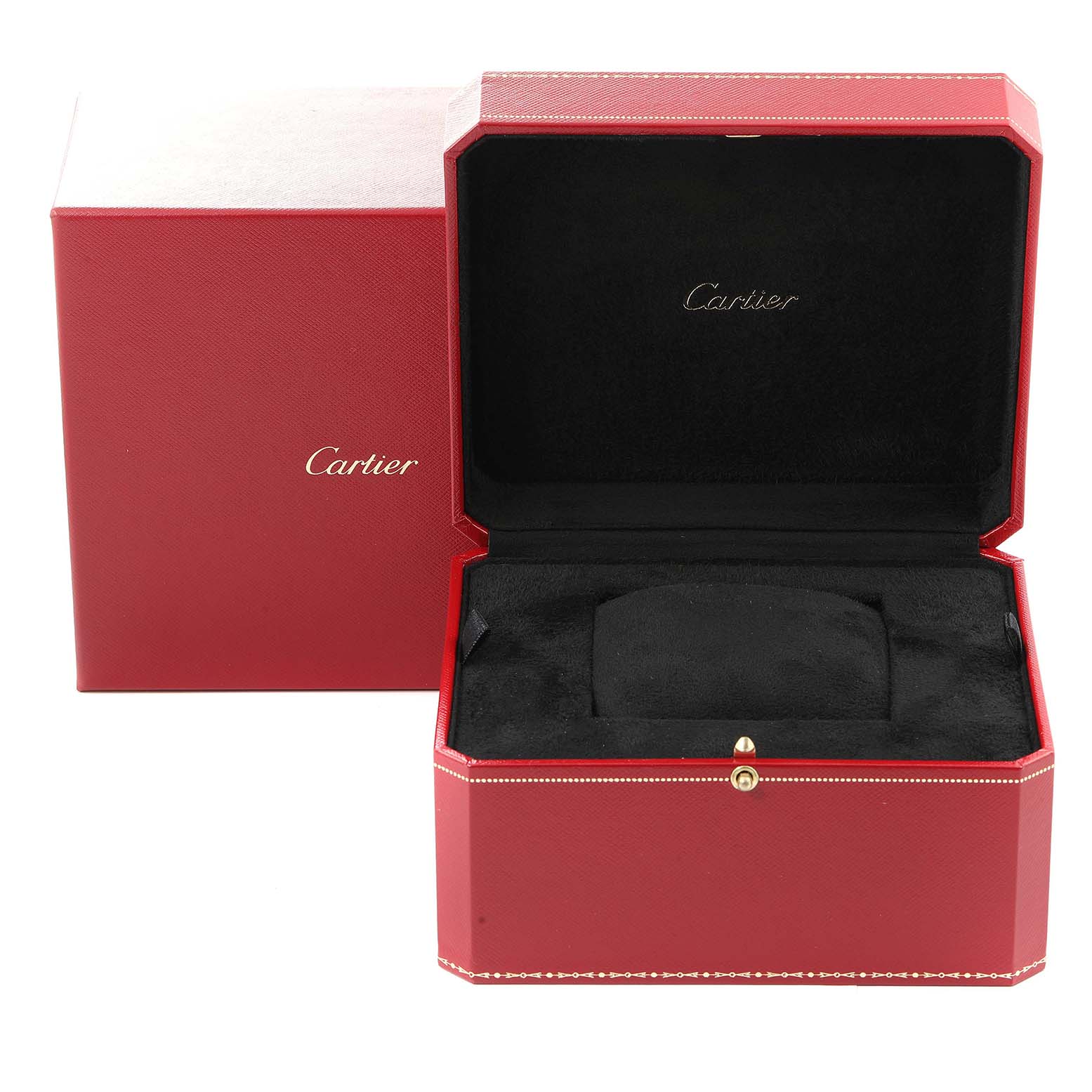 The image shows an open red Cartier watch box for the Tank Americaine model, revealing the interior.