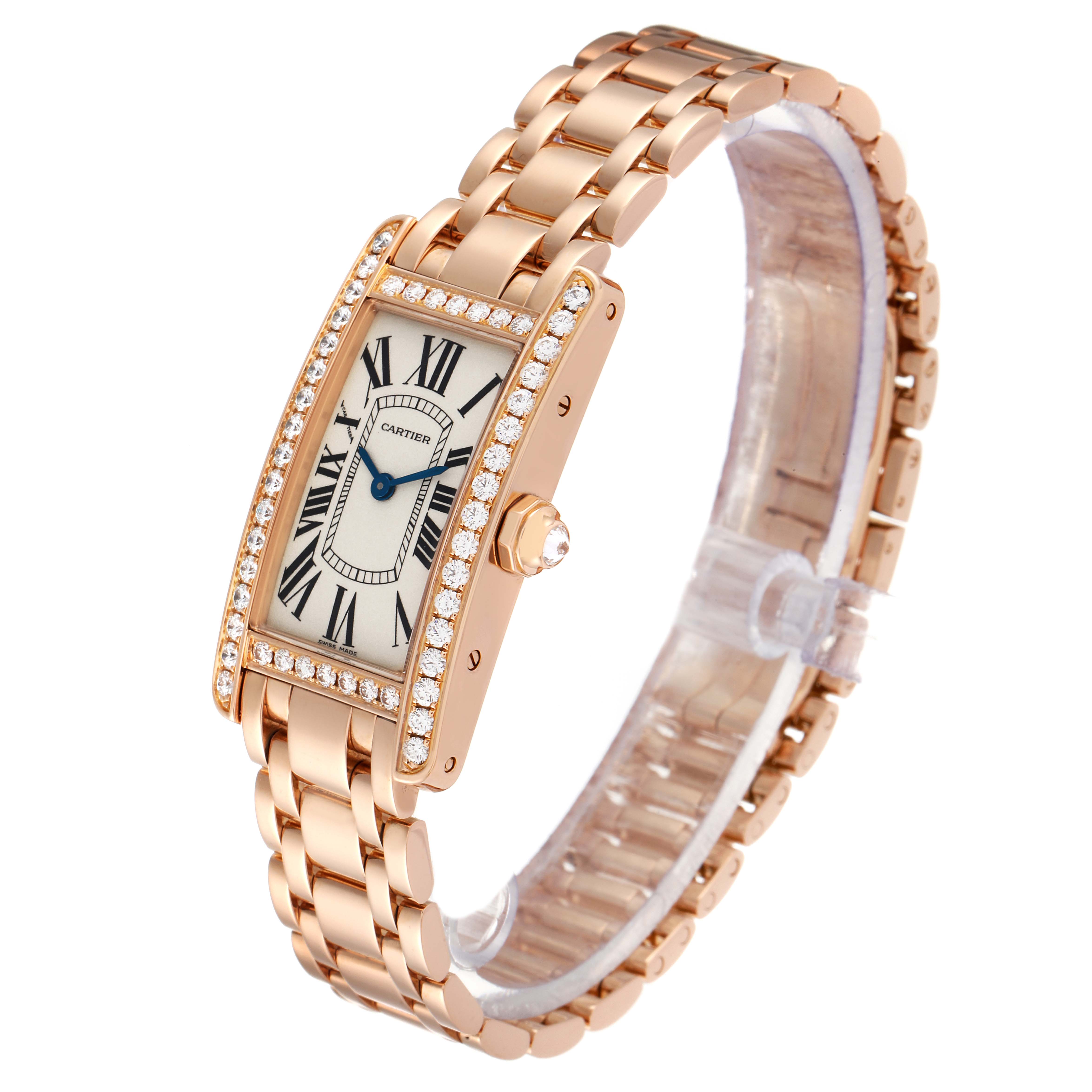 The Cartier Tank Americaine WB7079M5 Women's Rose Gold Silver Dial WB7079M5 Women's Rose Gold Silver Dial watch shown is angled to display the face, dial, crown, and bracelet.