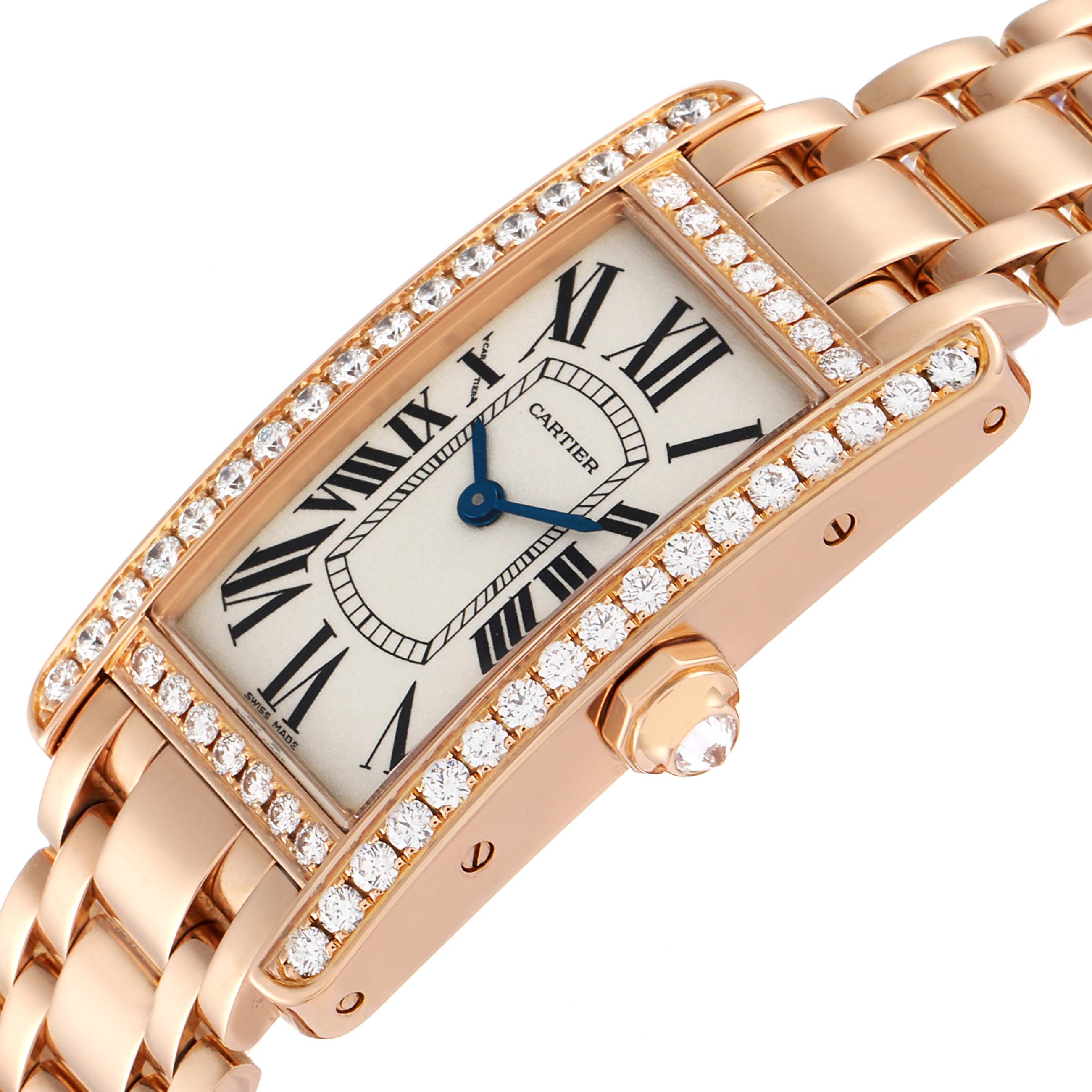 This image shows a close-up angle of the face, case, crown, and bracelet of a Cartier Tank Americaine WB7079M5 Women's Rose Gold Silver Dial WB7079M5 Women's Rose Gold Silver Dial watch.
