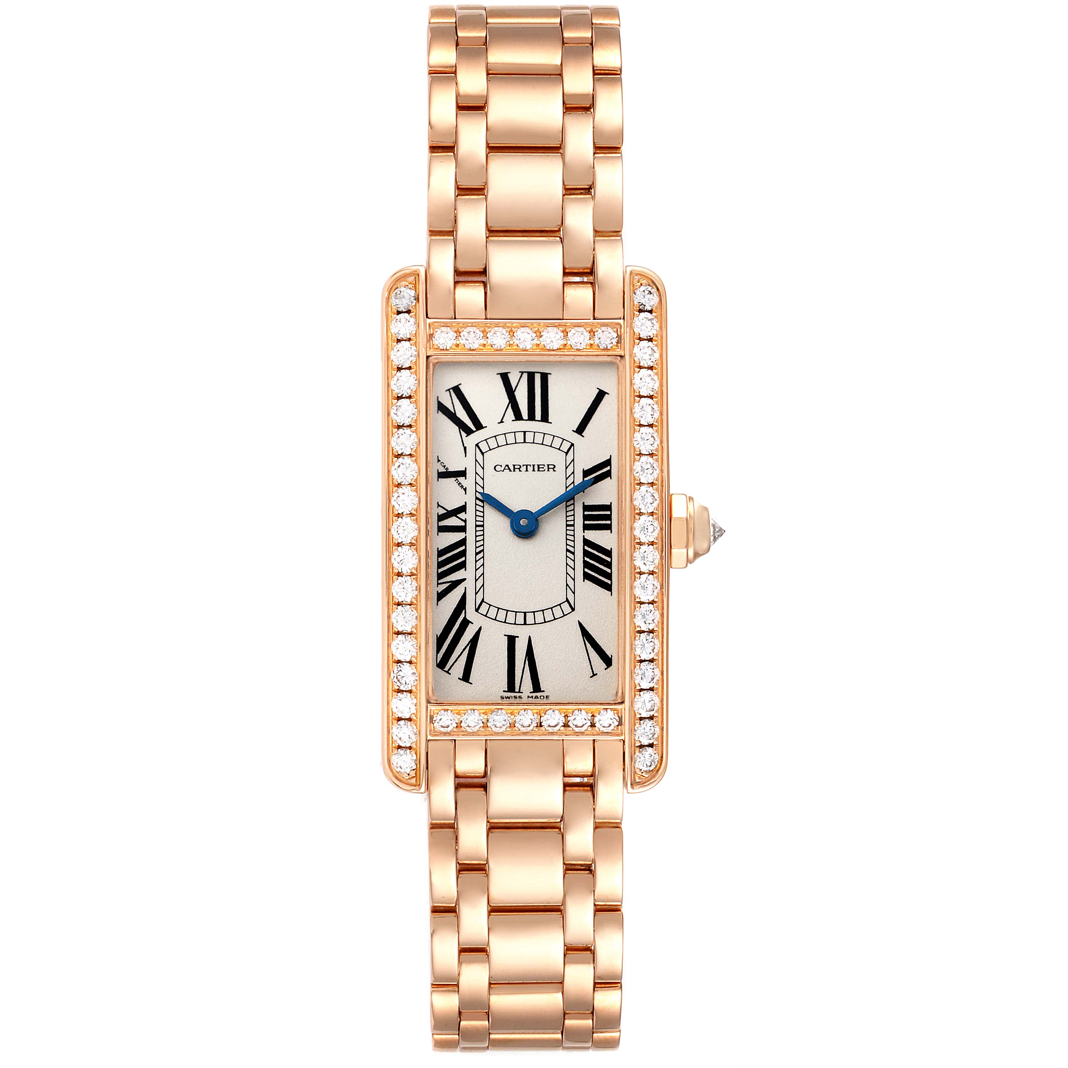 The image shows a front view of a Cartier Tank Américaine watch with a gold link bracelet and a rectangular diamond-encrusted case.