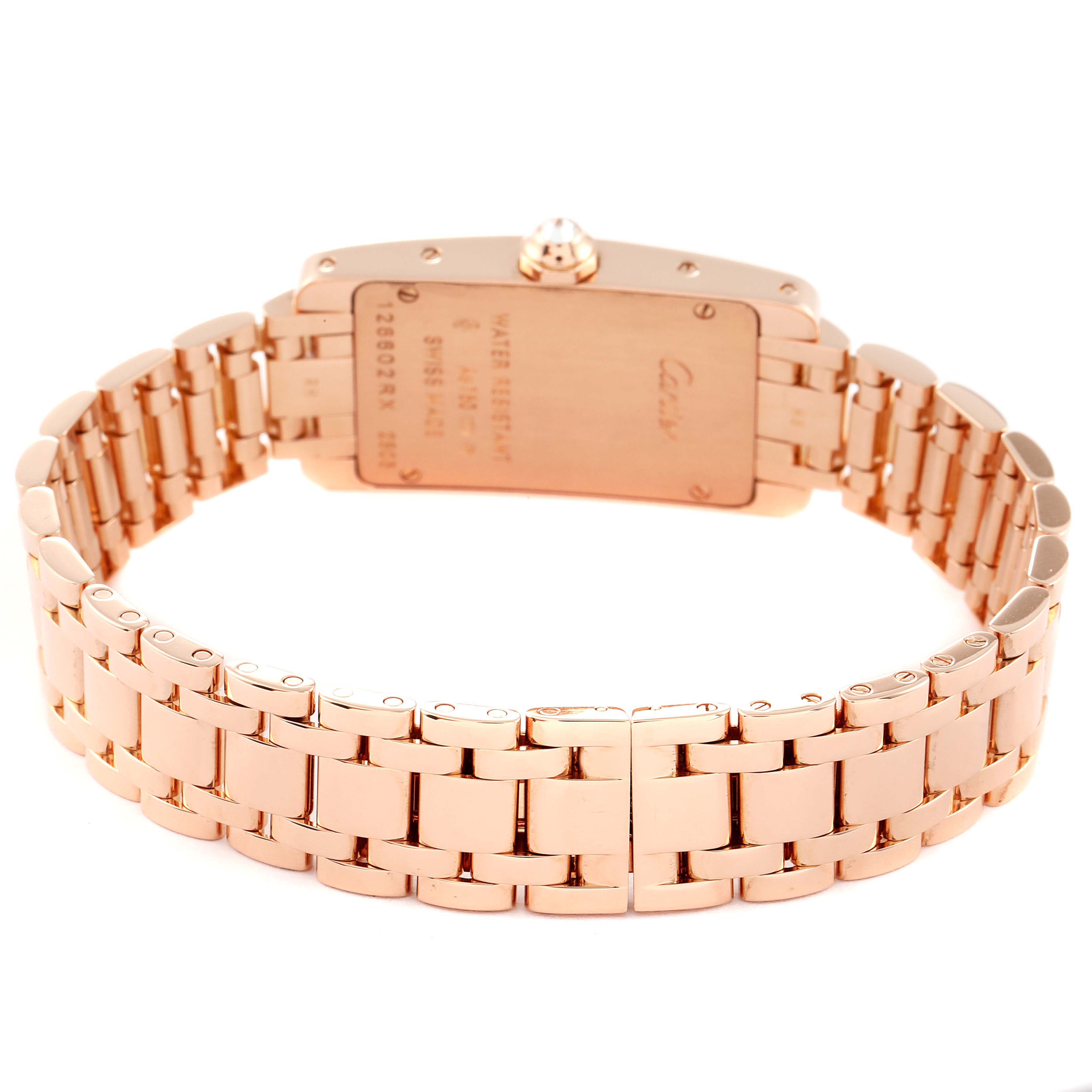 The image shows the back and bracelet of the Cartier Tank Américaine watch with a focus on the case back and clasp.