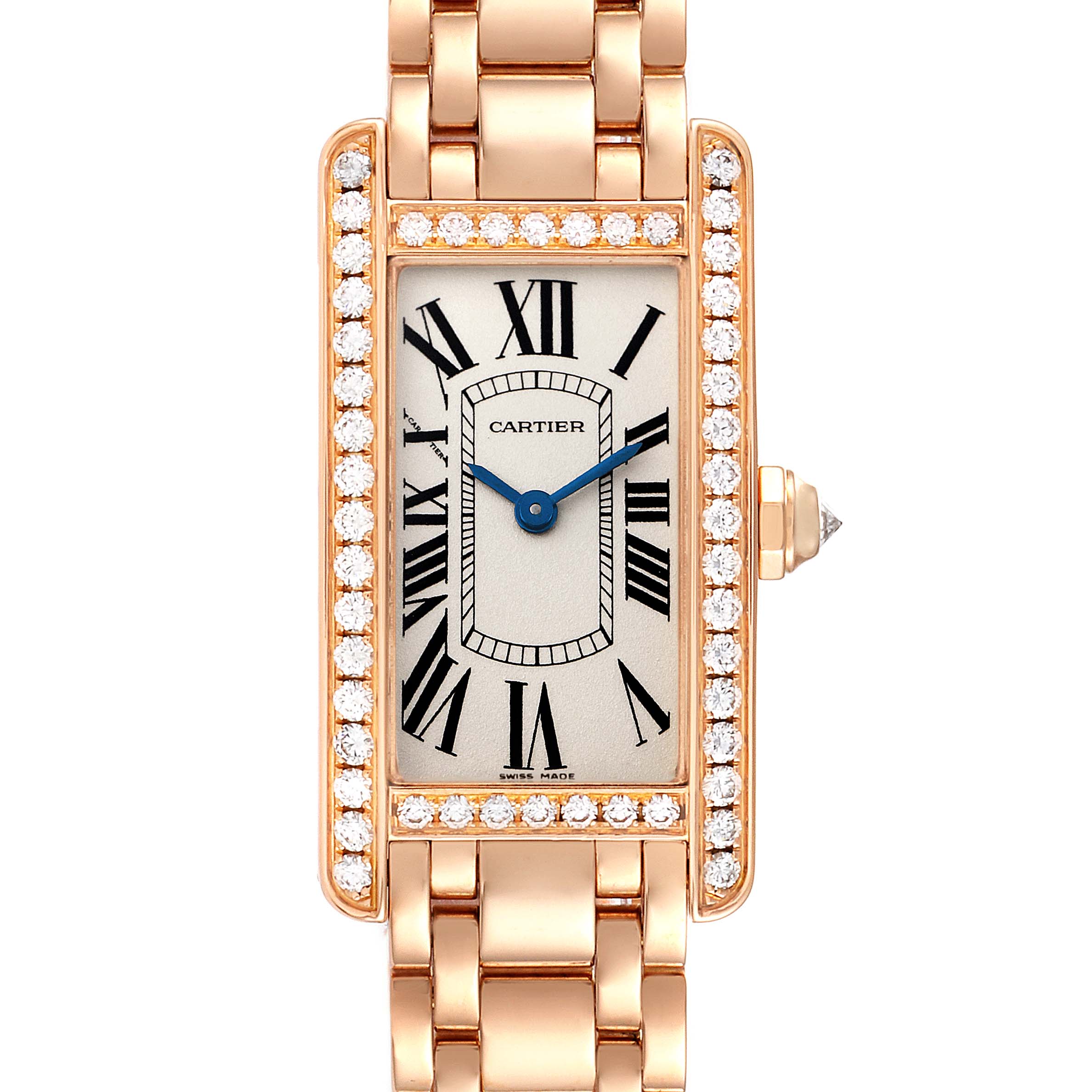 This image shows a front view of a Cartier Tank Americaine WB7079M5 Women's Rose Gold Silver Dial WB7079M5 Women's Rose Gold Silver Dial watch, highlighting its rectangular face, Roman numerals, and diamond bezel.
