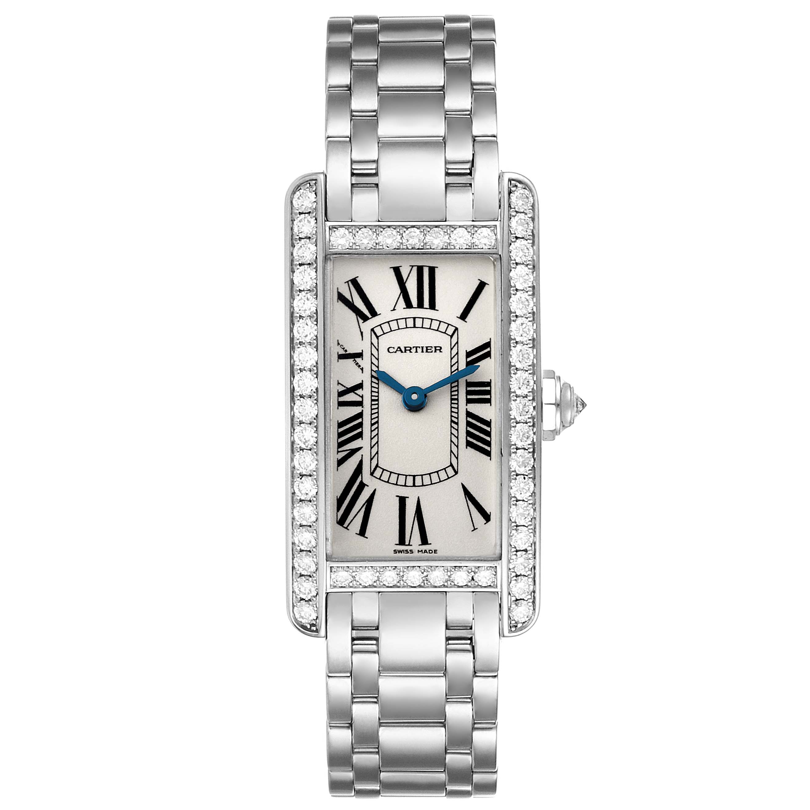 The image shows a top-down view of a Cartier Tank Americaine WB7073L1 Women's White Gold Silver Dial WB7073L1 Women's White Gold Silver Dial watch, highlighting the face, bezel, and linked bracelet.