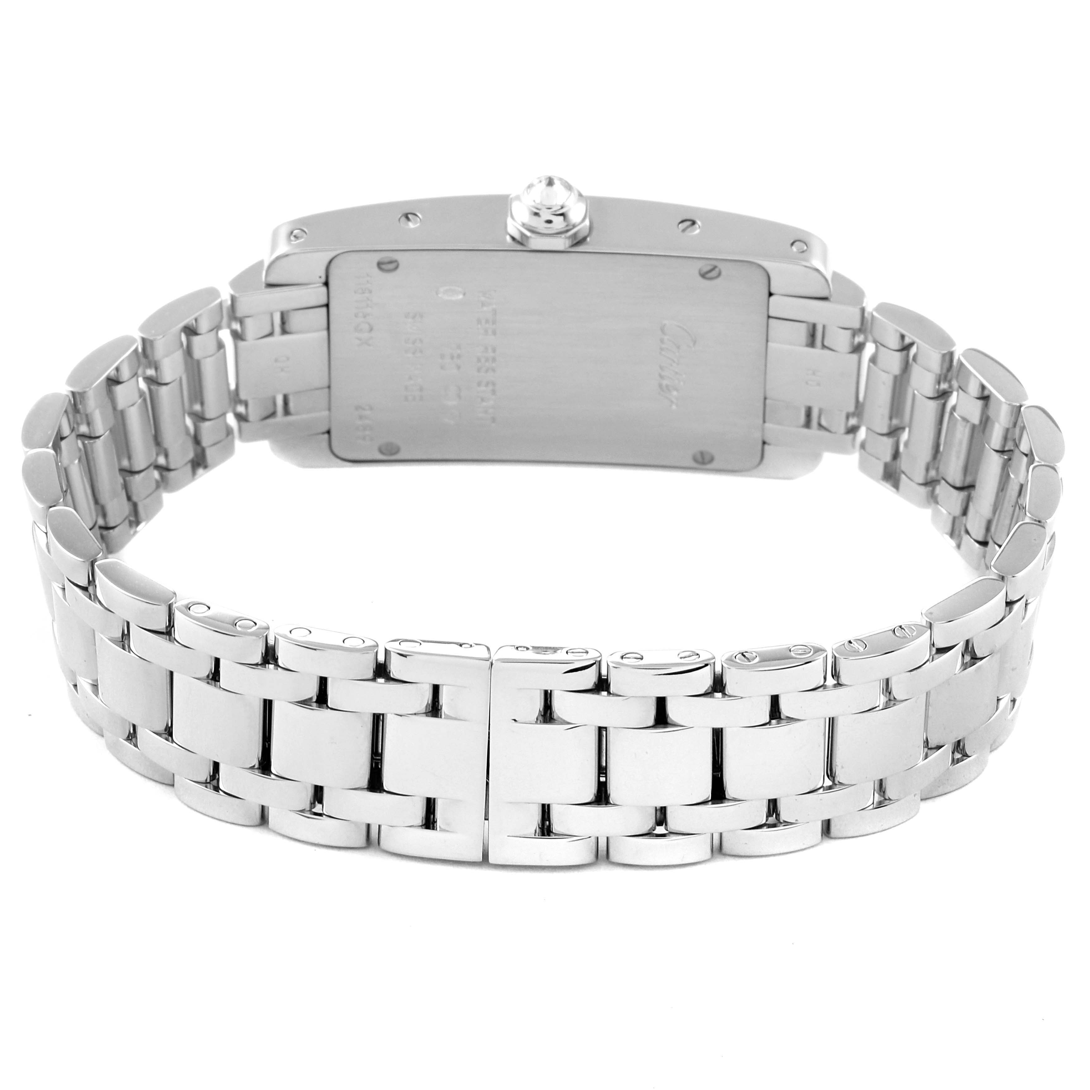 This image shows the back and bracelet of a Cartier Tank Americaine WB7073L1 Women's White Gold Silver Dial WB7073L1 Women's White Gold Silver Dial watch from a rear angle.