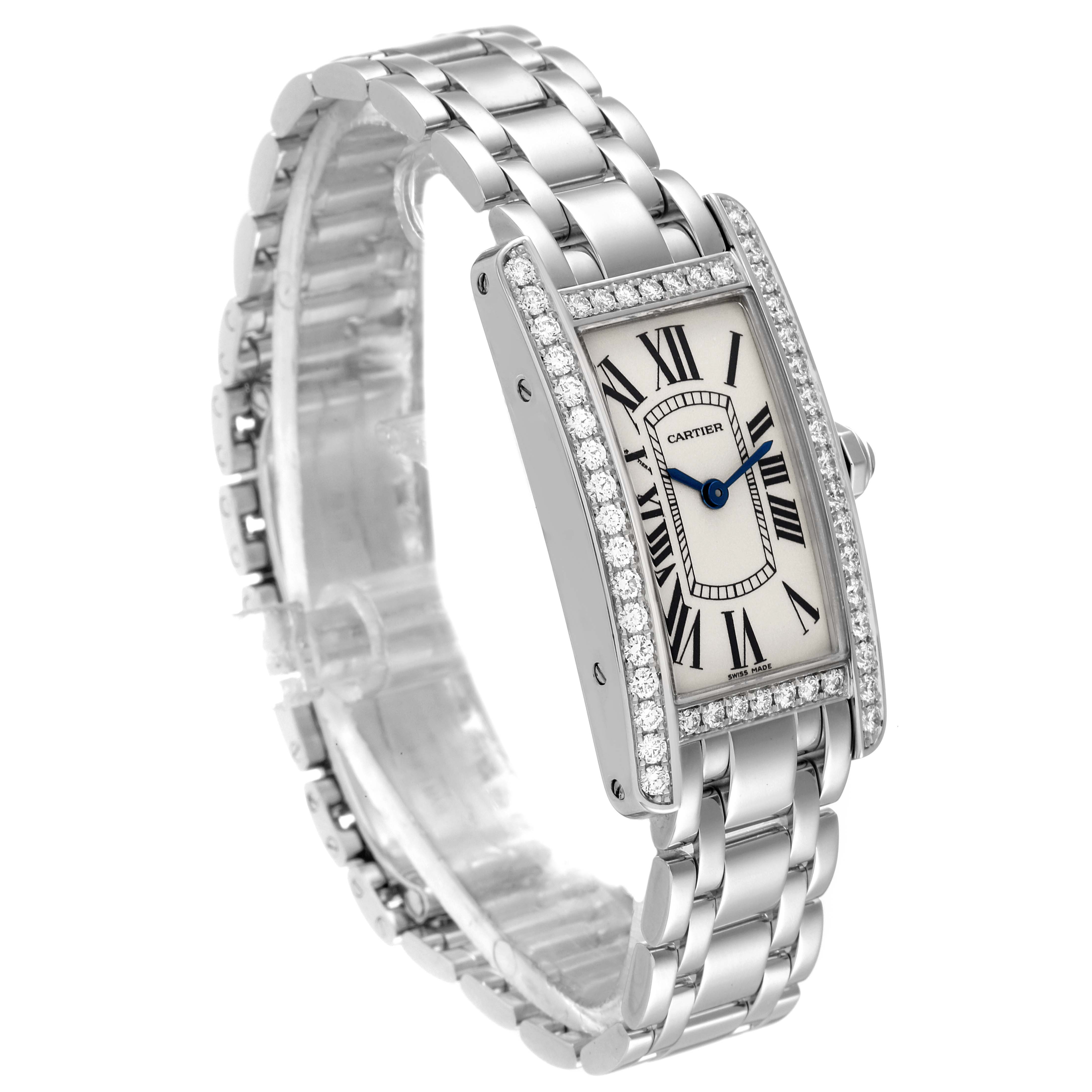 This image shows a Cartier Tank Americaine WB7073L1 Women's White Gold Silver Dial WB7073L1 Women's White Gold Silver Dial watch at a slight angle, highlighting its rectangular face, Roman numerals, and metal bracelet.