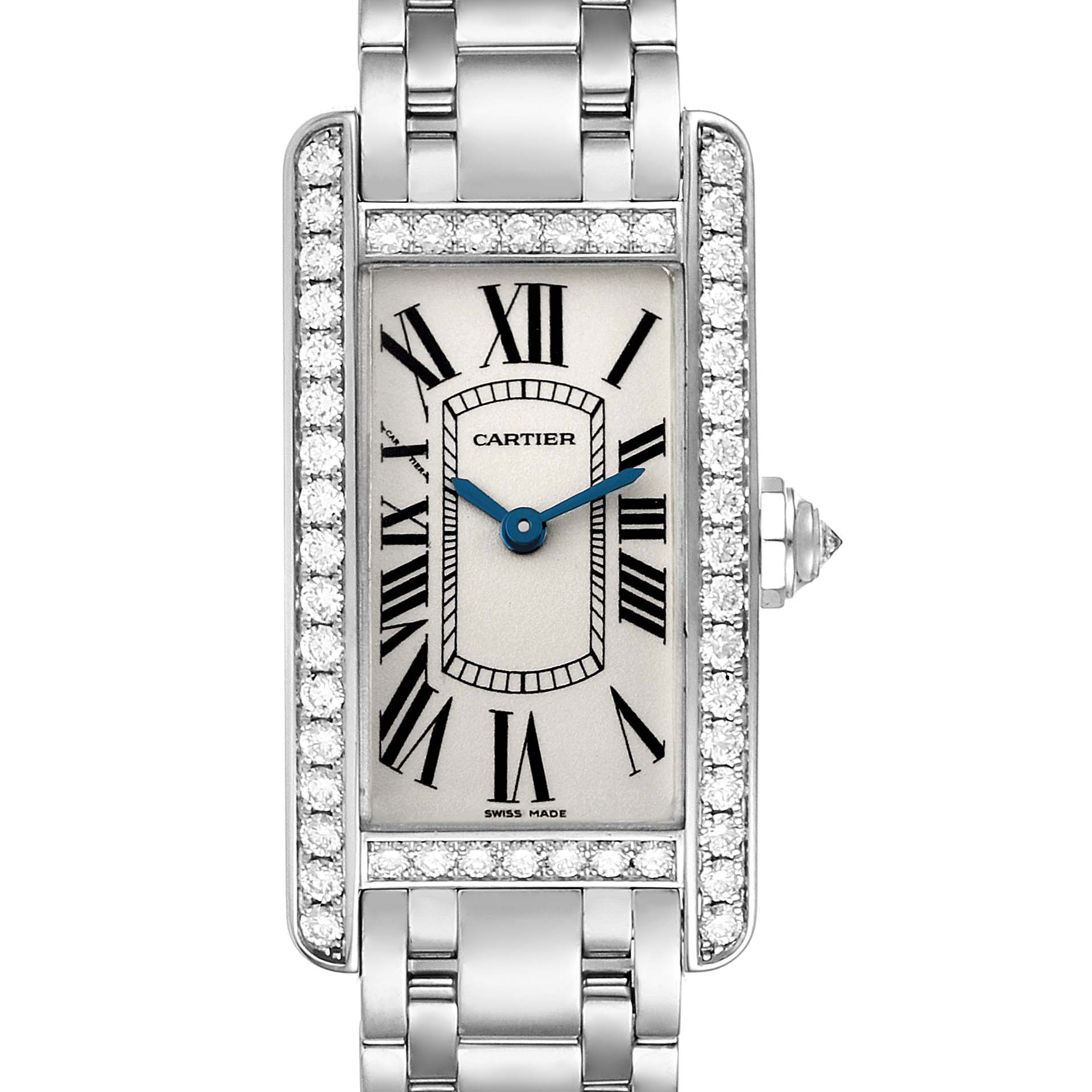 The image shows a Tank Americaine model by Cartier from a front angle, highlighting the face and part of the metal bracelet.