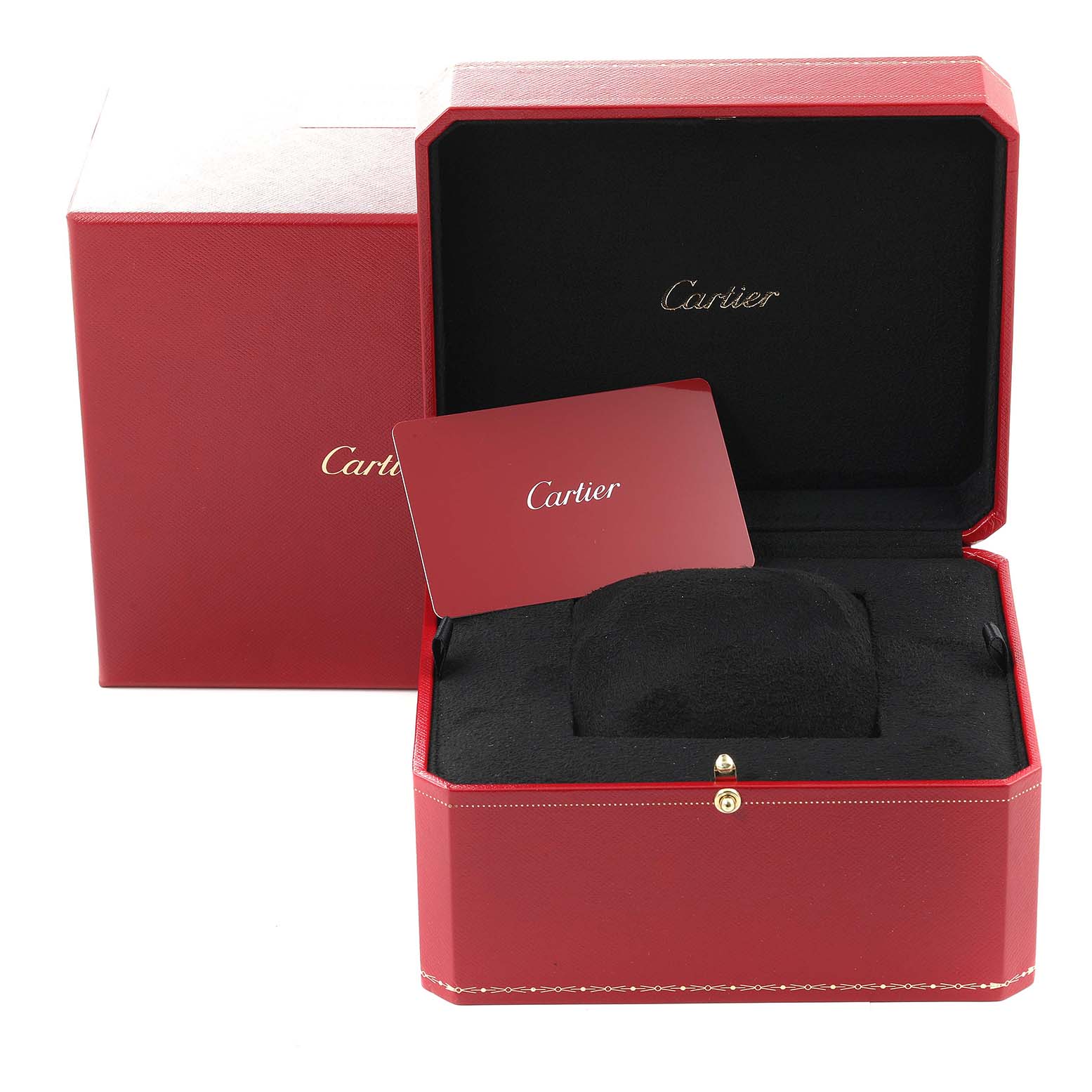 The image shows the packaging and a card for the Cartier Tank Americaine WB7073L1 Women's White Gold Silver Dial WB7073L1 Women's White Gold Silver Dial watch, including a red box and soft watch cushion.
