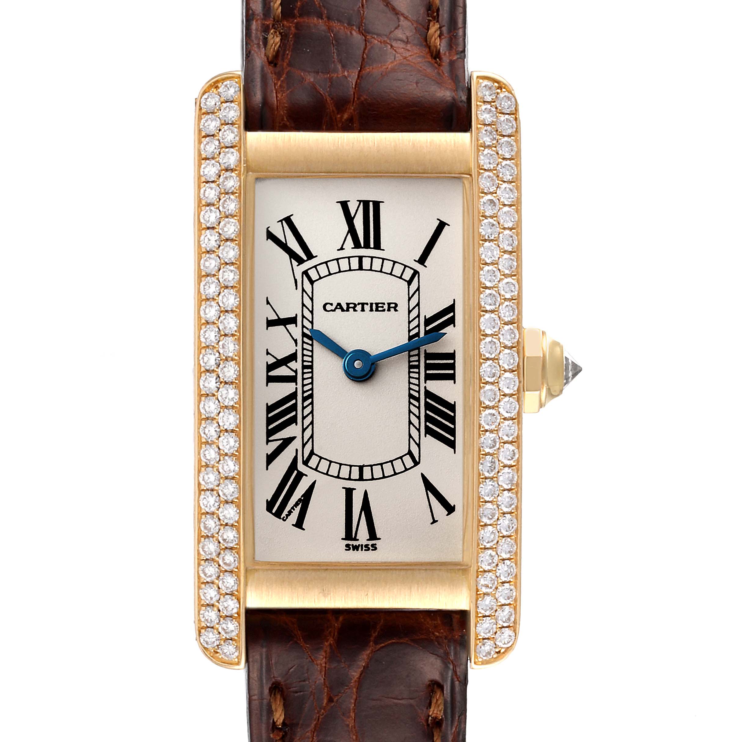 The image shows a Cartier Tank Americaine WB701251 Women
s Yellow Gold Silver Dial WB701251 Women
s Yellow Gold Silver Dial watch from a front angle, highlighting its face, Roman numerals, diamond-set case, leather strap, and crown.