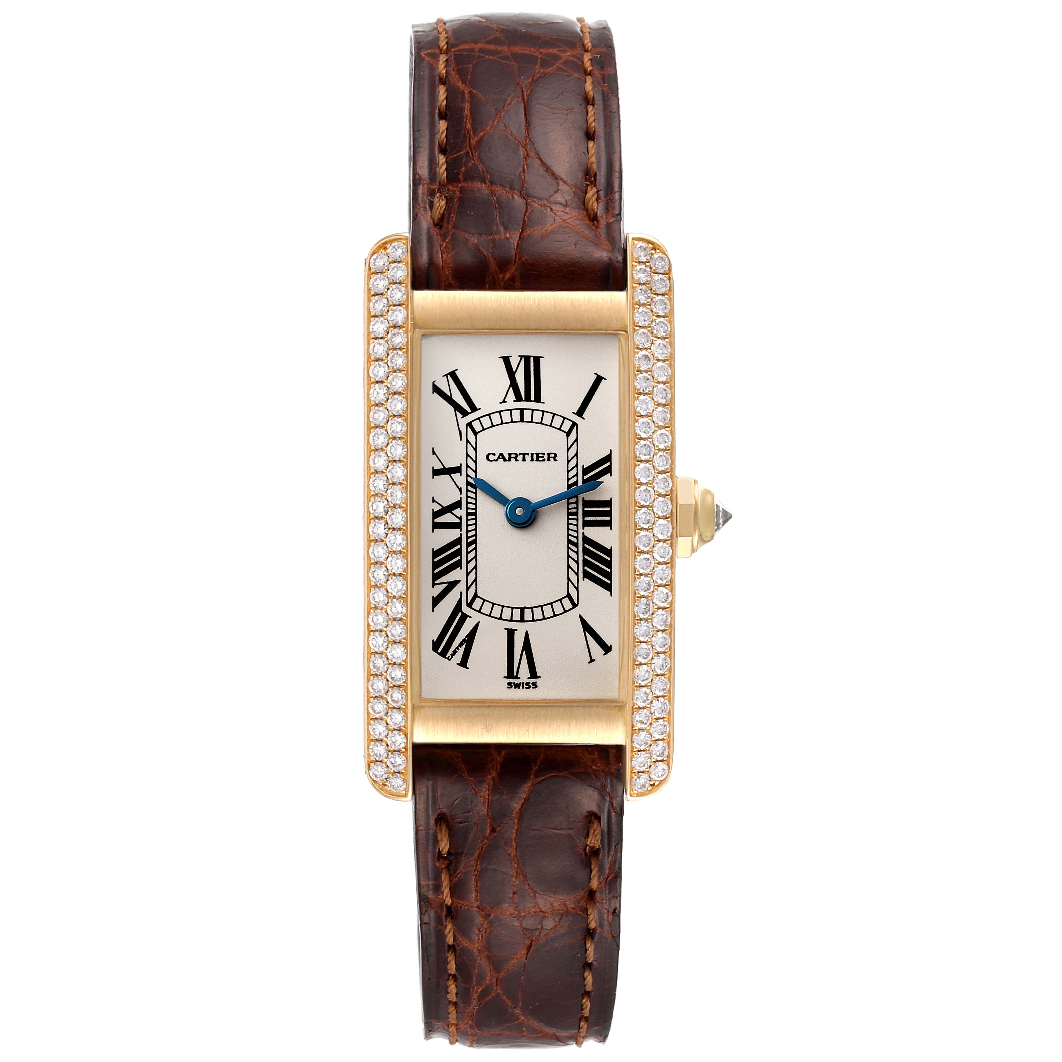 This is a head-on view of the Cartier Tank Americaine WB701251 Women
s Yellow Gold Silver Dial WB701251 Women
s Yellow Gold Silver Dial watch, showing its rectangular face, Roman numerals, and a brown leather strap.