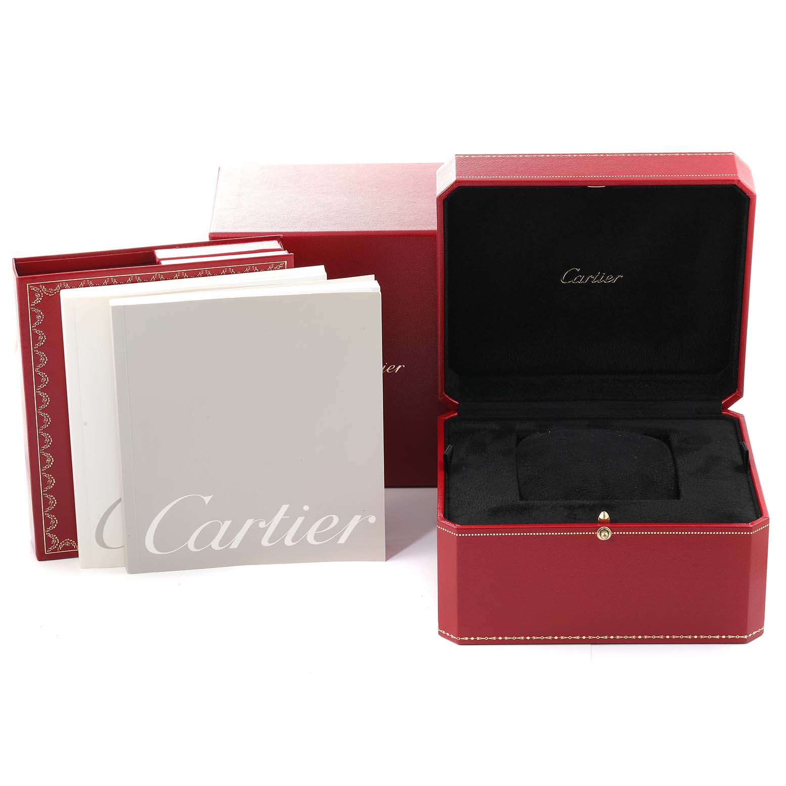 The image shows the box and packaging materials, including manuals, for the Cartier Tank Americaine WB701251 Women
s Yellow Gold Silver Dial WB701251 Women
s Yellow Gold Silver Dial model.