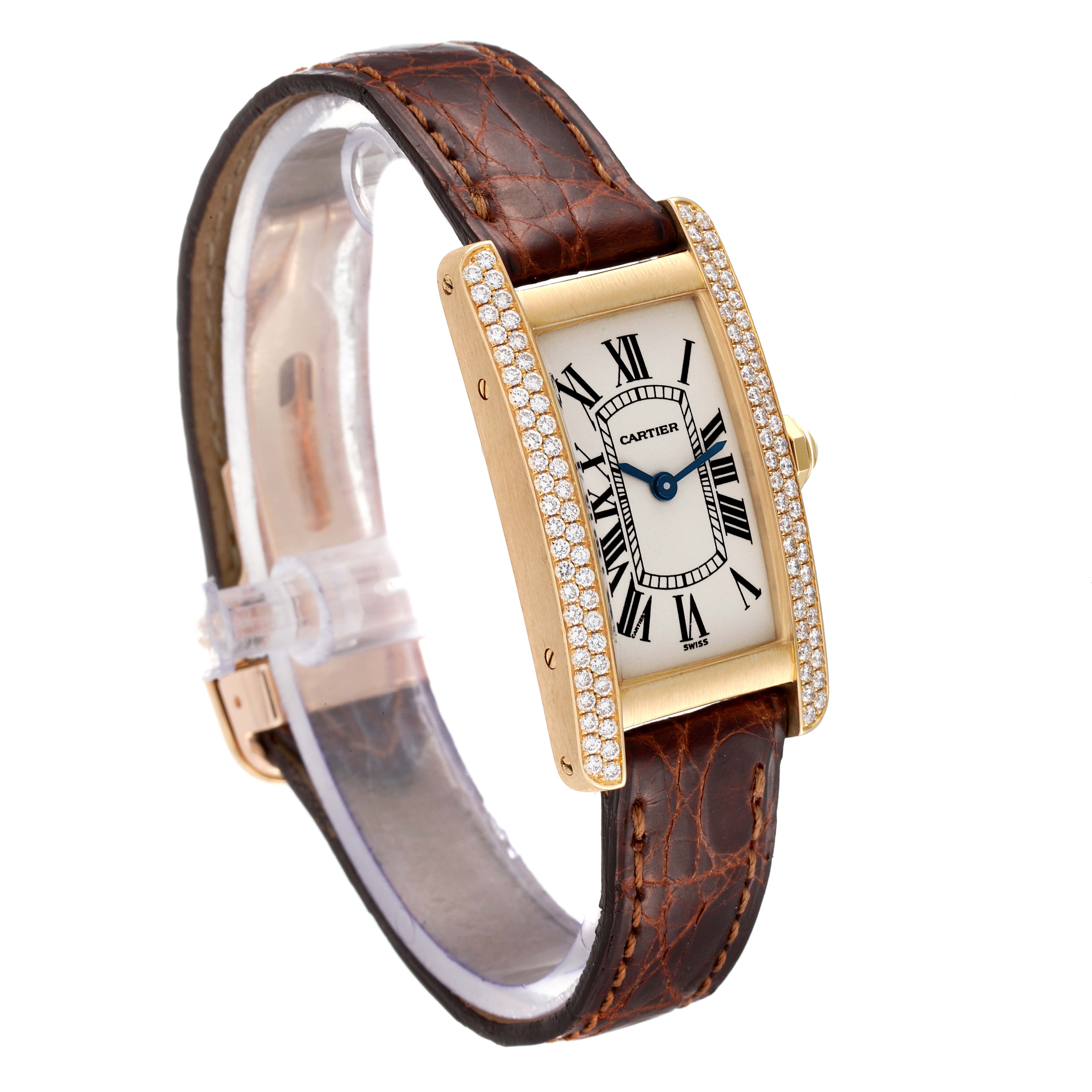 The Tank Americaine watch by Cartier is shown angled to display its face, strap, and side detail with diamonds.